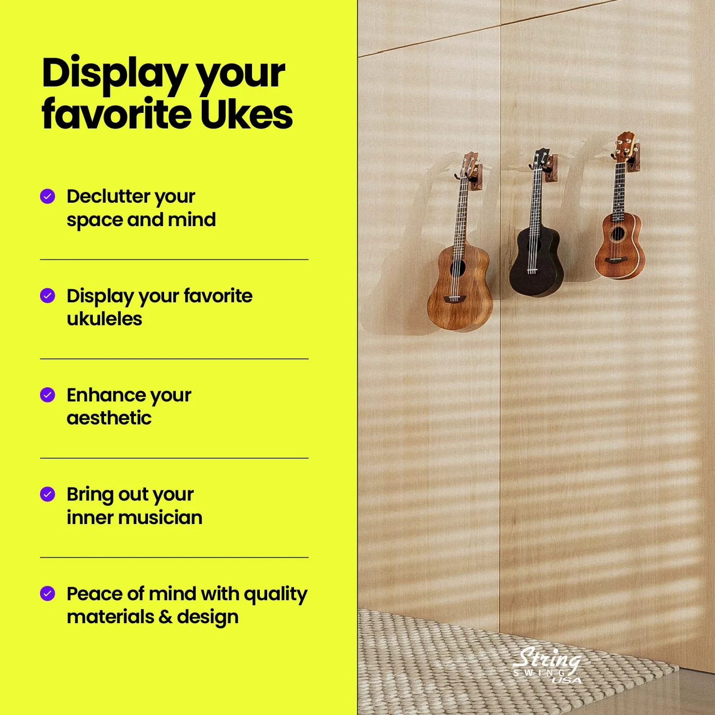 String Swing CC01UK-BW - Supporto da parete in legno per ukulele, prodotto negli Stati Uniti, colore: Noce Nero