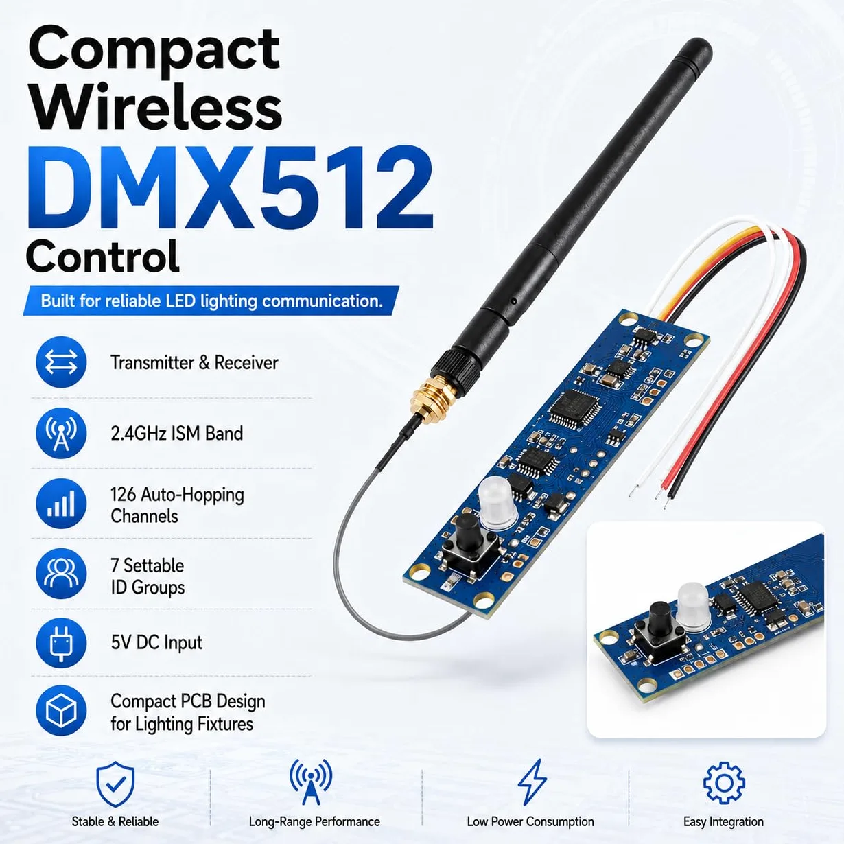 DMX512 Ricevitore Trasmettitore, 2,4 GHz DMX512 Ricetrasmettitore Modulo PCBScheda Di Apprendimento, Controller Luci LED Dmx Wireless Ricevitore Trasmettitore Con Antenna