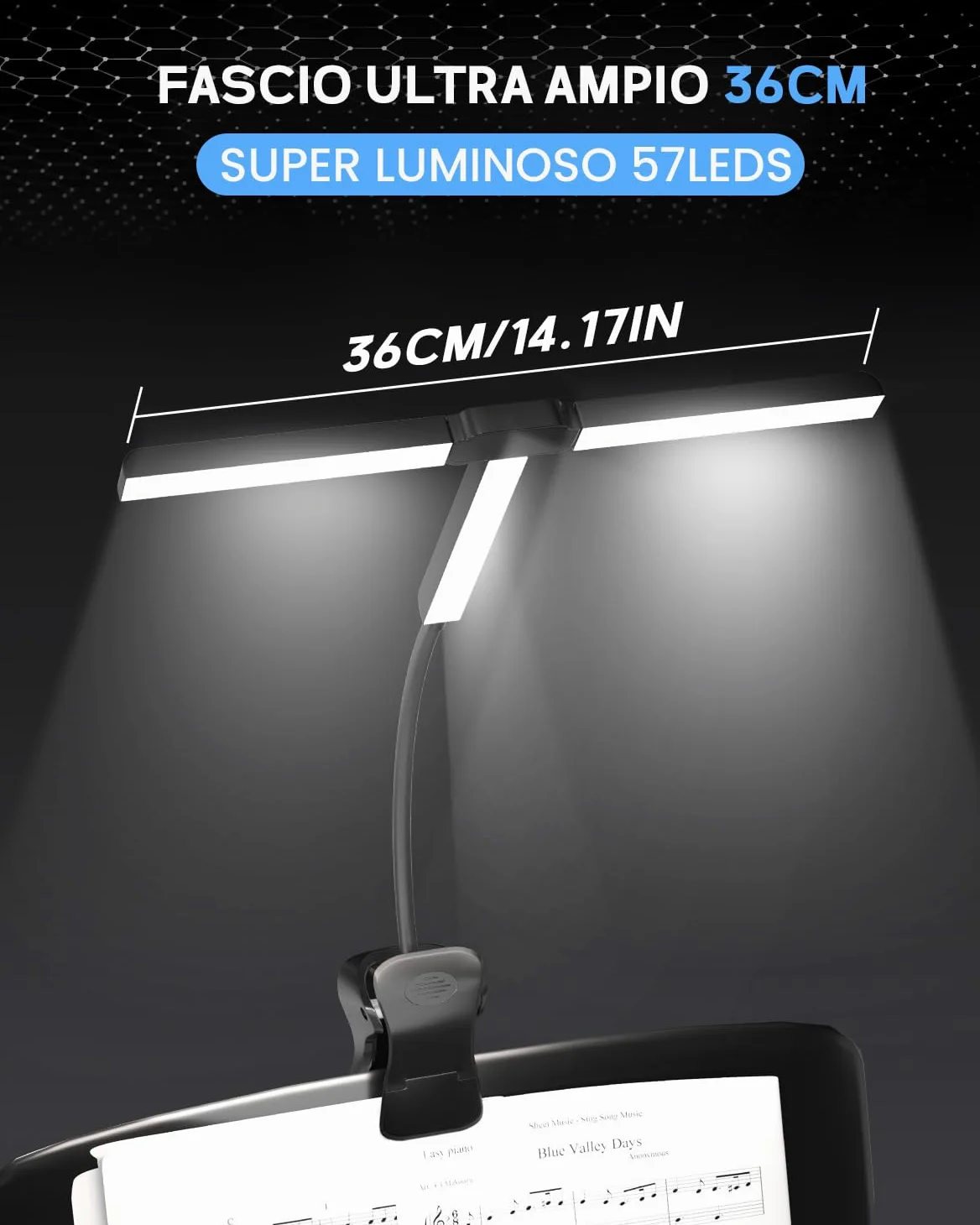Ultra-Ampia 36CM Luce da Leggio Musicale a Pinza, 57 LED Super Luminosi, 4 Colori x 3 Luminosità, Pieghevole Forma-T Lampada Pianoforte per Spartiti e Lettura Libri, Ricaricabile USB-C