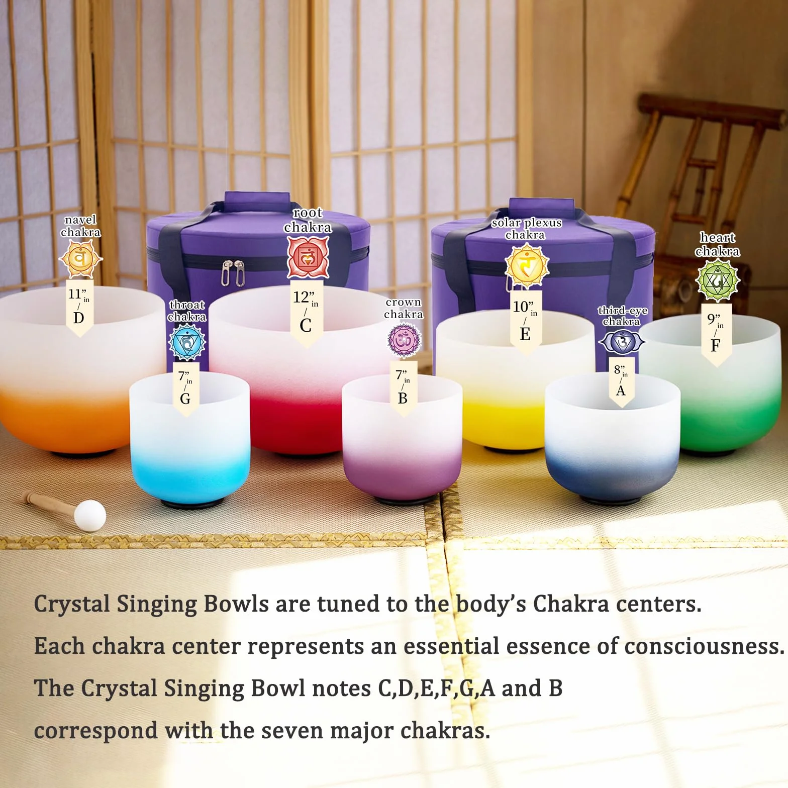 Hye-eun 7 campane tibetane in cristallo da 17,8 a 30,5 cm, 432 Hz, per yoga, meditazione, con custodia resistente (sfumato colore, 7 pezzi)