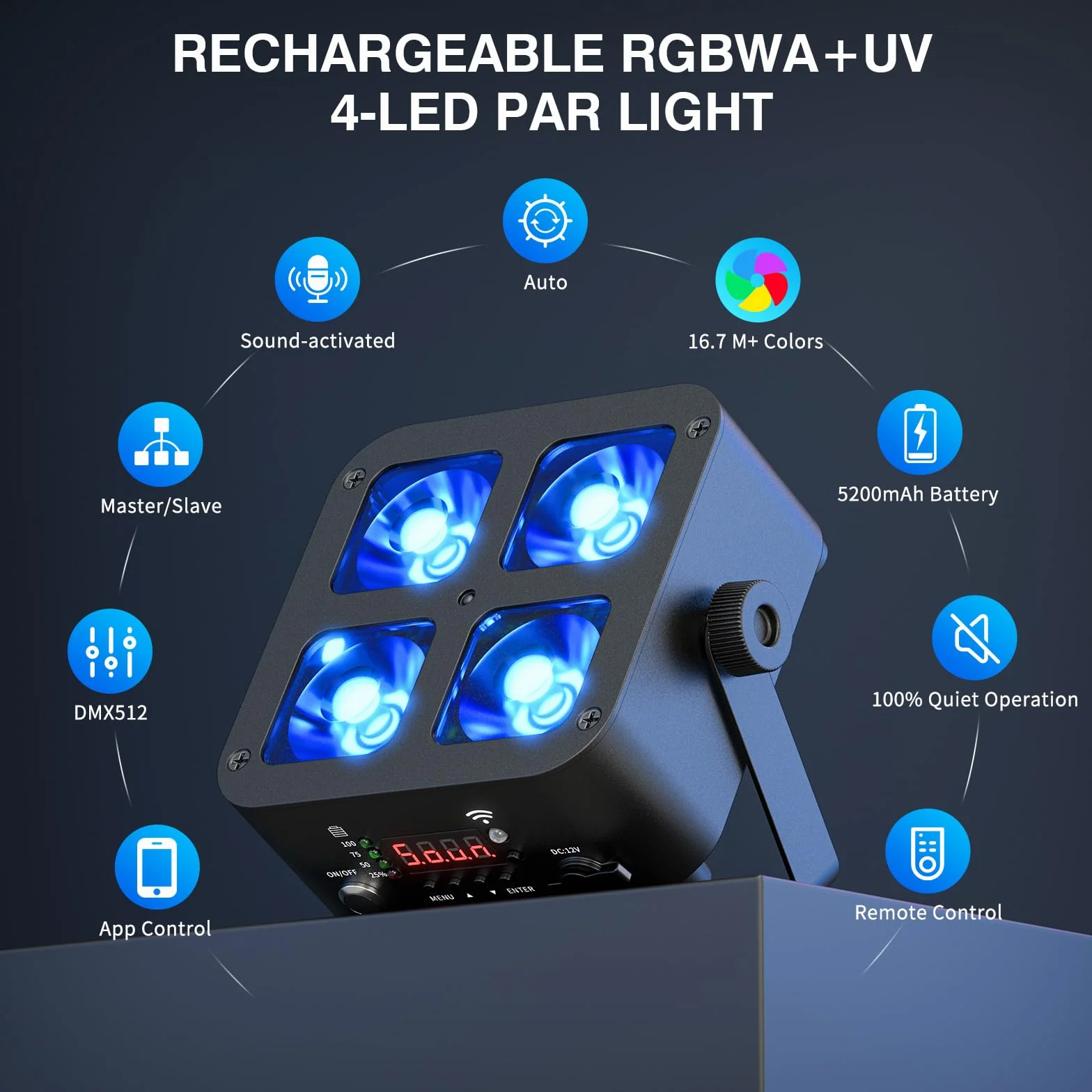 4PCS 100W Par LED Faro Ricaricabile Batteria, 5200mAh RGBWA+UV Luci del Palcoscenico con Telecomando/DMX/APP Luci Discoteca per Feste Discoteca Eventi live Concerti Band