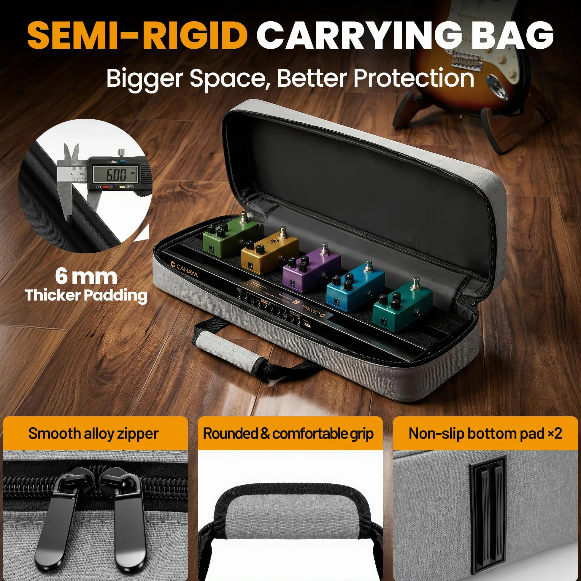 CAHAYA Pedaliera Chitarra Alimentazione Compatta - Pedalboard Leggera in Lega di Alluminio con Alimentazione Integrata, Cavi DC, Uscita USB, Borsa per il Trasporto e Alimentatore 49x13cm 0,86kg