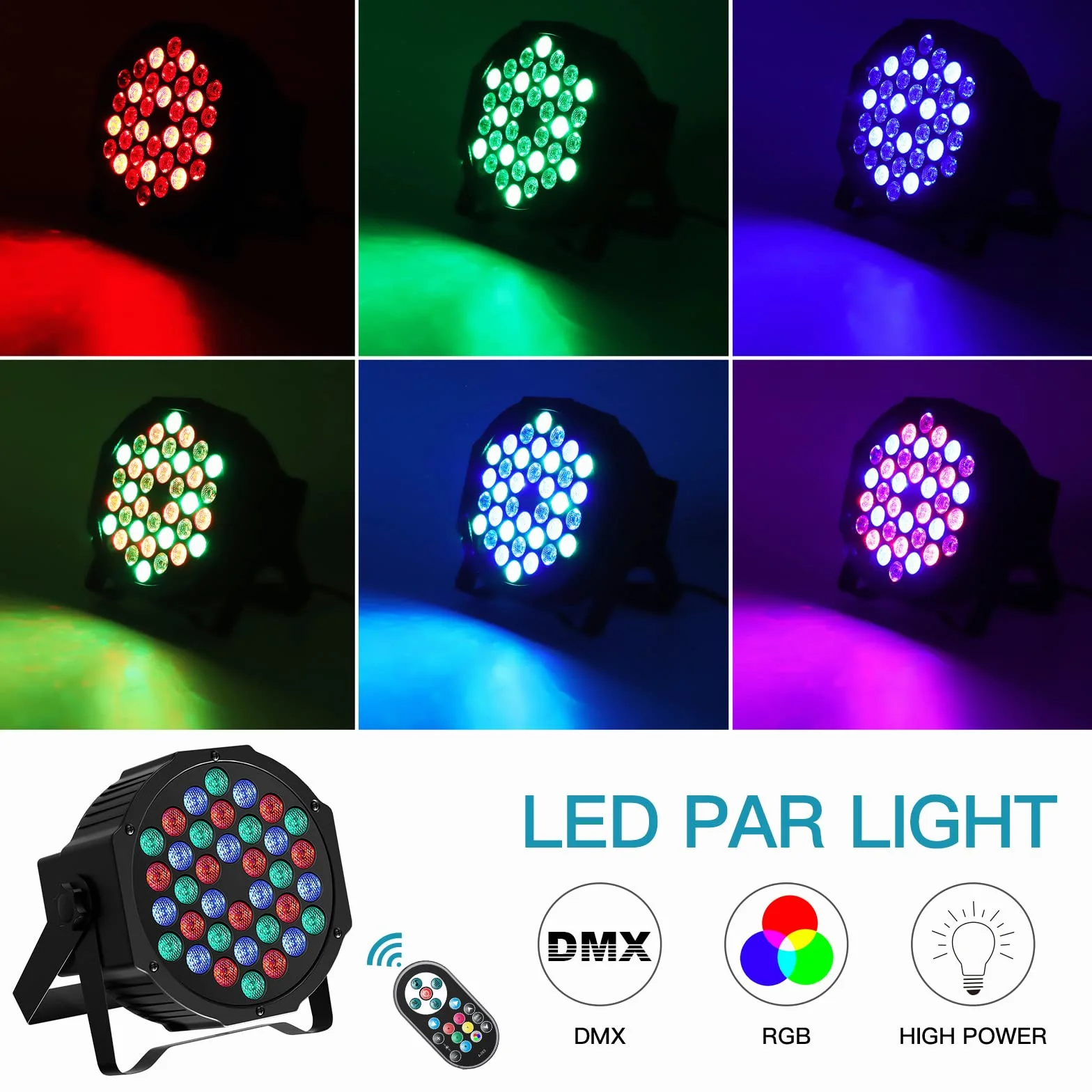 SEBRUANC 4PCS RGB Par LED con PVC Borsa, 36 LED 72W Fari Luci da Palco con Telecomando e Modalità Attivata dal Suono, Illuminazione Discoteca per Feste Bar Banda Halloween Natal