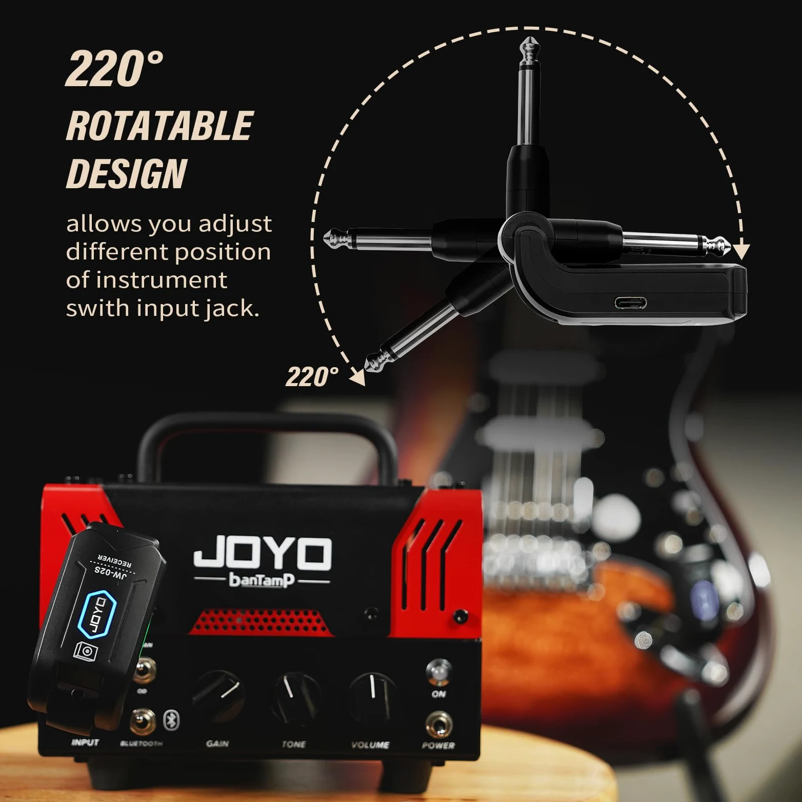 JOYO Sistema di chitarra wireless da 5,8 GHz, ricevitore audio ricaricabile con 4 canali di segnale per chitarra elettrica, basso 20 m (JW-02S)
