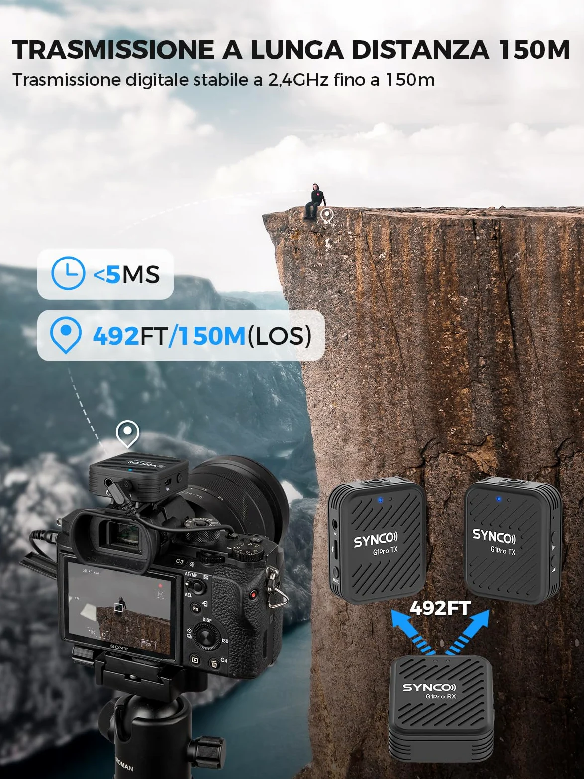 SYNCO Microfono Wireless Lavalier G1(A2) Pro con Charging Case Dual Pack Lapel Mic 150M 8H per DSLR Camera Smartphone Tablet YouTube Video Interview Vlog