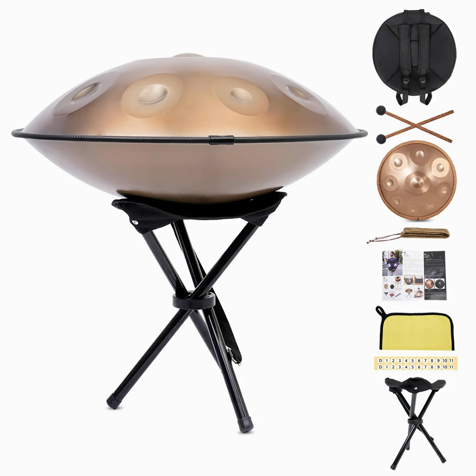 Handpan 22 Pollici (56cm) - 9 Note Re Minore (D-Minor) 432Hz | Acciaio Nitruro Professionale | Tamburo a Mano con Borsa per Yoga, Meditazione e Guarigione Sonora (Oro)