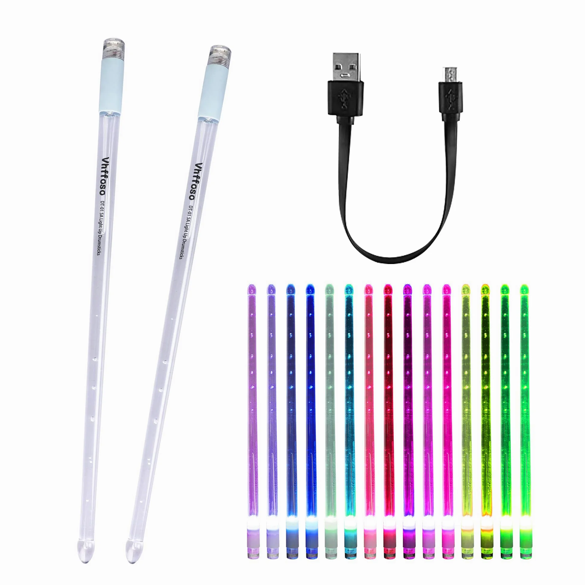 Vhffoso - Bacchette per batteria cambiacolore a luce LED, ricaricabili, 15 colori, con custodia, si illuminano al buio, in plastica, per adulti, personalizzate (2 pezzi/confezione)