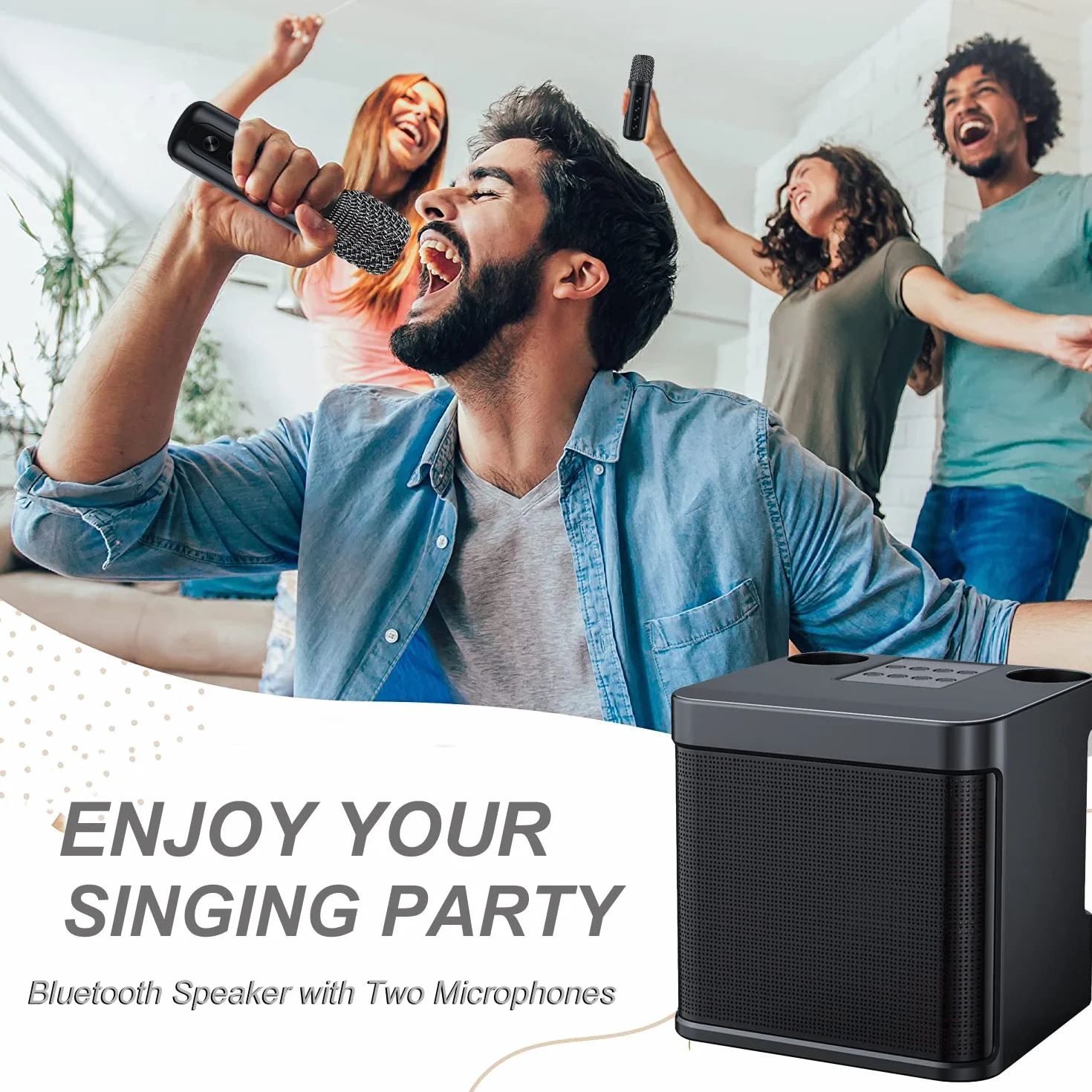 Altoparlante Bluetooth senza fili con 2 microfoni canta tu per karaoke Sistema PA portatile per feste, attività, supporto AUX, scheda USB/TF (nero)