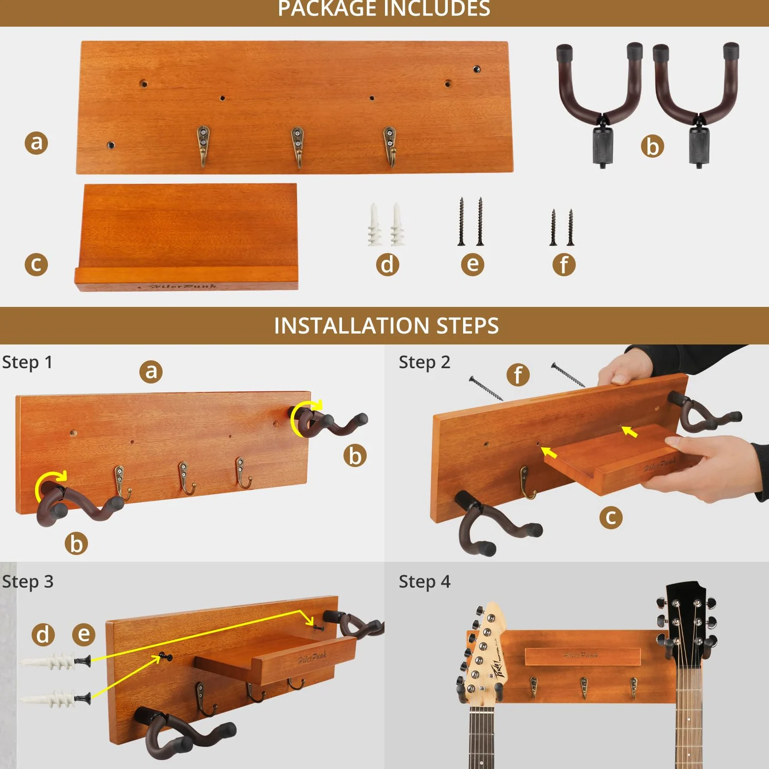 Supporto da parete per chitarra, gancio da parete per chitarra in legno massiccio con 3 ganci e 2 ganci girevoli in gomma per chitarra, espositore per chitarra con ripiano e porta plettri per chitarra