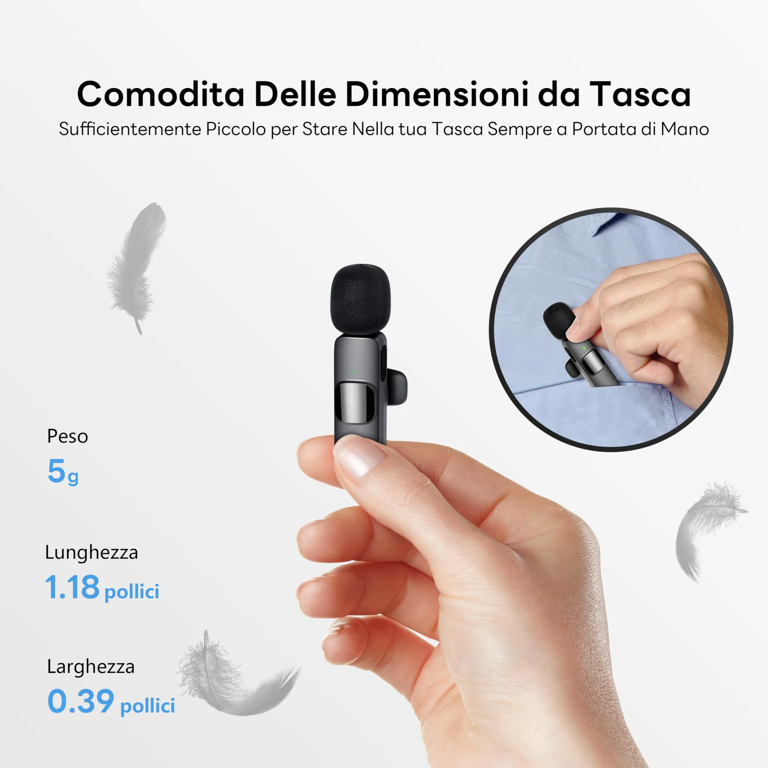 Microfono Wireless Lavalier per iPhone/Android/PC, Batteria 10 Ore, Cancellazione del Rumore, Microfono a Spillo Plug & Play per YouTube, Vlogging, Podcast, Interviste