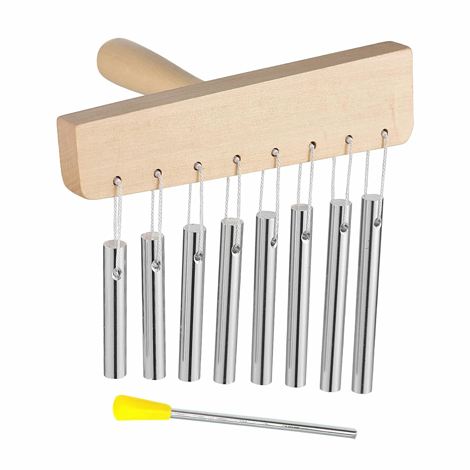 Chimes Percussion - Campana a mano in legno con 8 toni, strumento musicale con tubi in alluminio e bastone per scuola, yoga, giardino, soggiorno, casa, uomo e donna
