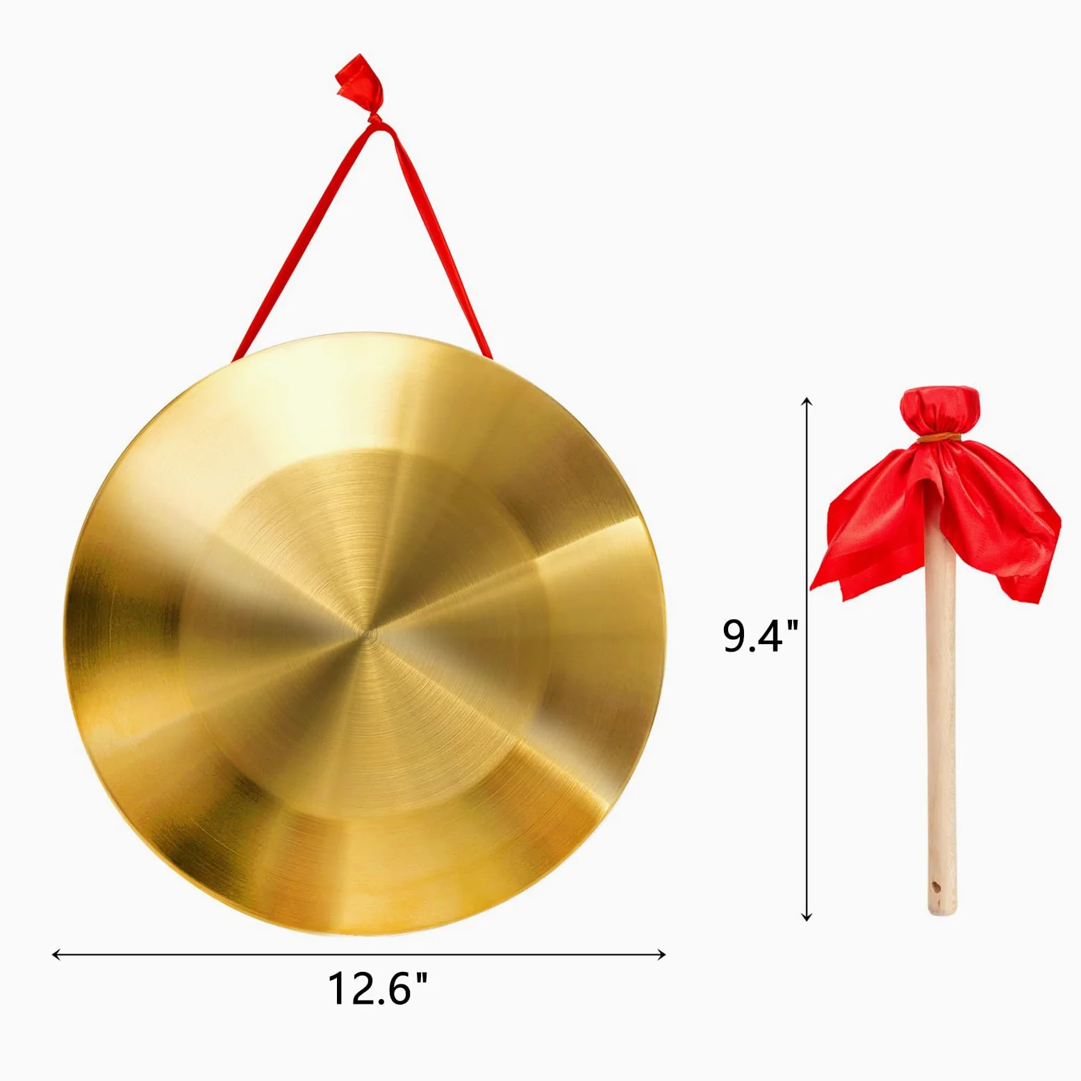 ZEAYEA Gong da 32 cm, strumento tradizionale cinese a percussione in rame con battente e nastro rosso per appendere celebrazioni, feste, festival