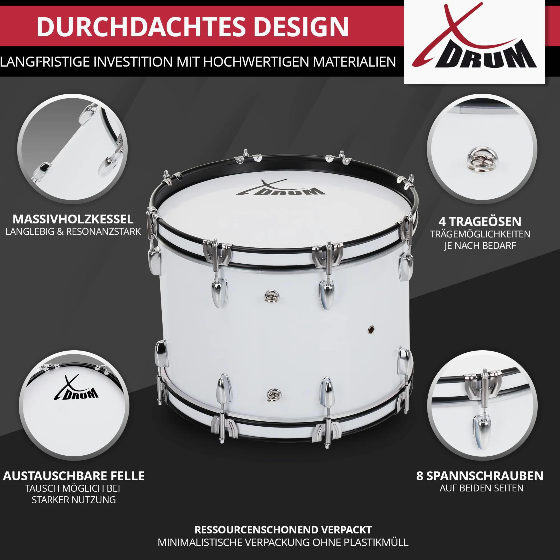 XDrum MBD-226 grancassa da marcia 26"x12" - 10,5 kg, 4 asole di trasporto, 8 viti di tensione per lato, incl. mazzuoli, cinghie e chiave di accordatura, bianco