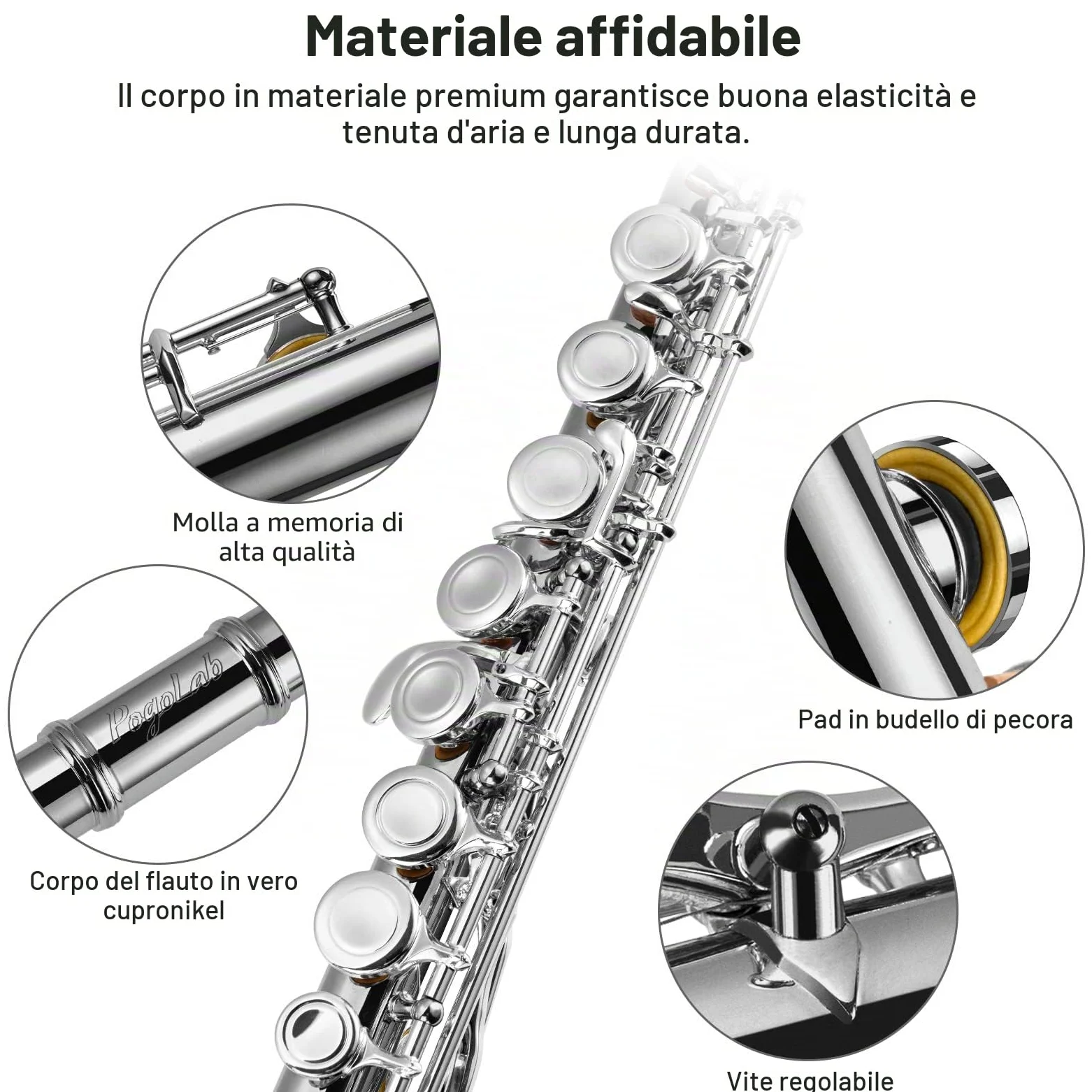 POGOLAB Flauti, Foro Chiuso C 16 Tasti, Flauto per Studenti Principianti Avanzati, con Kit di Pulizia per Flauto, Borsa per il Trasporto, Supporto, Cinghia, Asta Sonda, Guanti, Grasso, Placcato Nickel