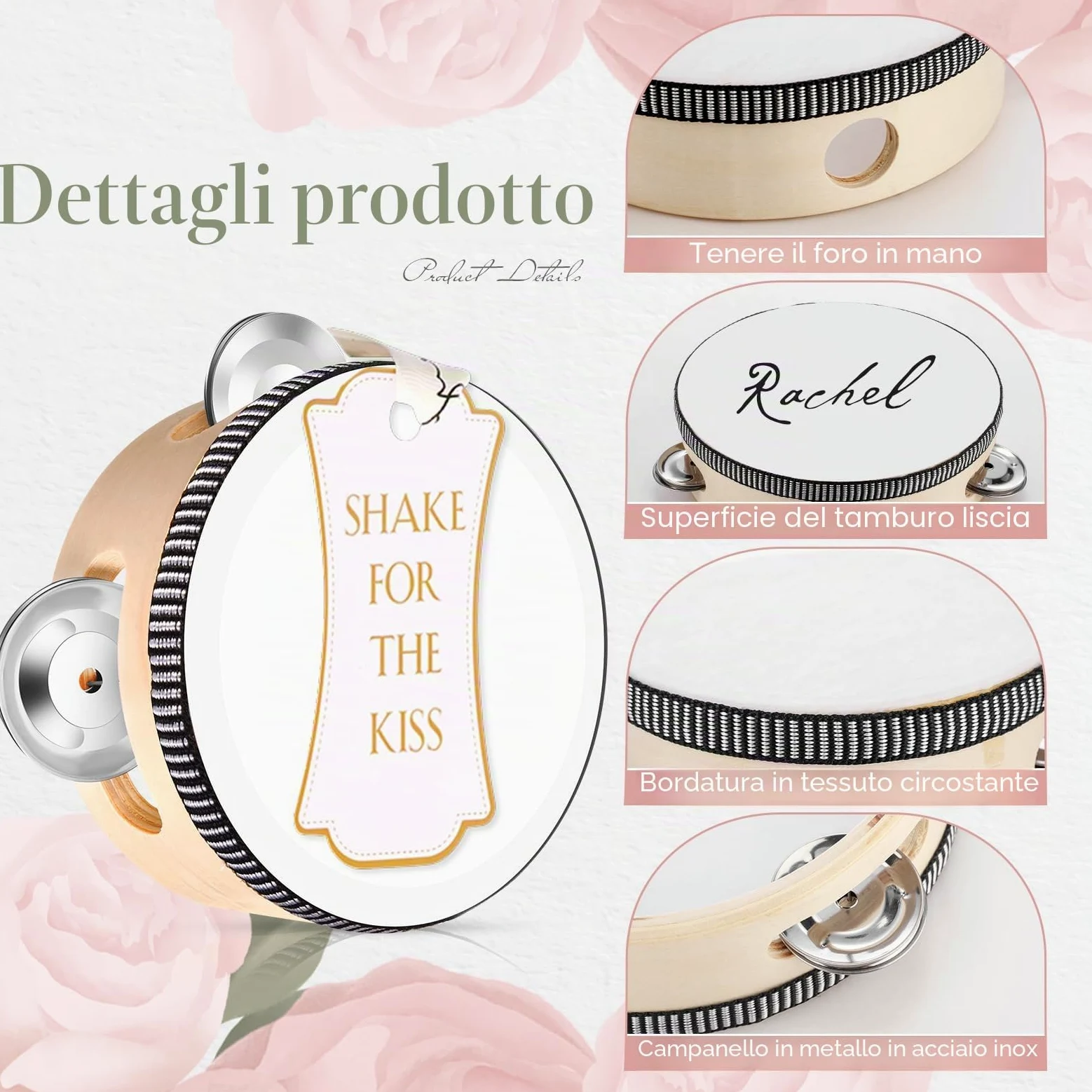 Set di 36 tamburelli da matrimonio da 10,2 cm, per adulti, in legno, con sonagli in metallo, etichette regalo, strumento musicale per chiesa, matrimoni, bomboniere