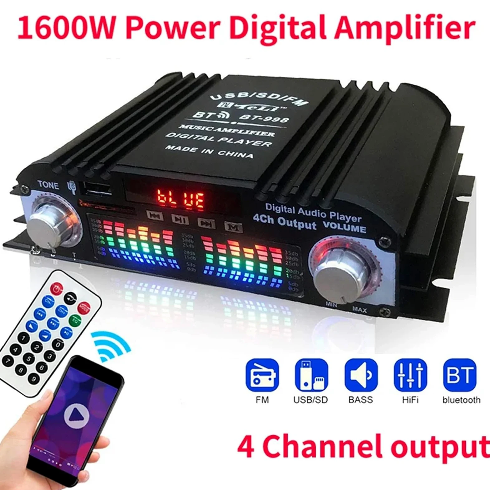 Amplificatore Audio HiFi con Potenza di Picco da 1600 W Amplificatore Audio Digitale a 4 canali Lettore Radio FM Supporto Telecomando