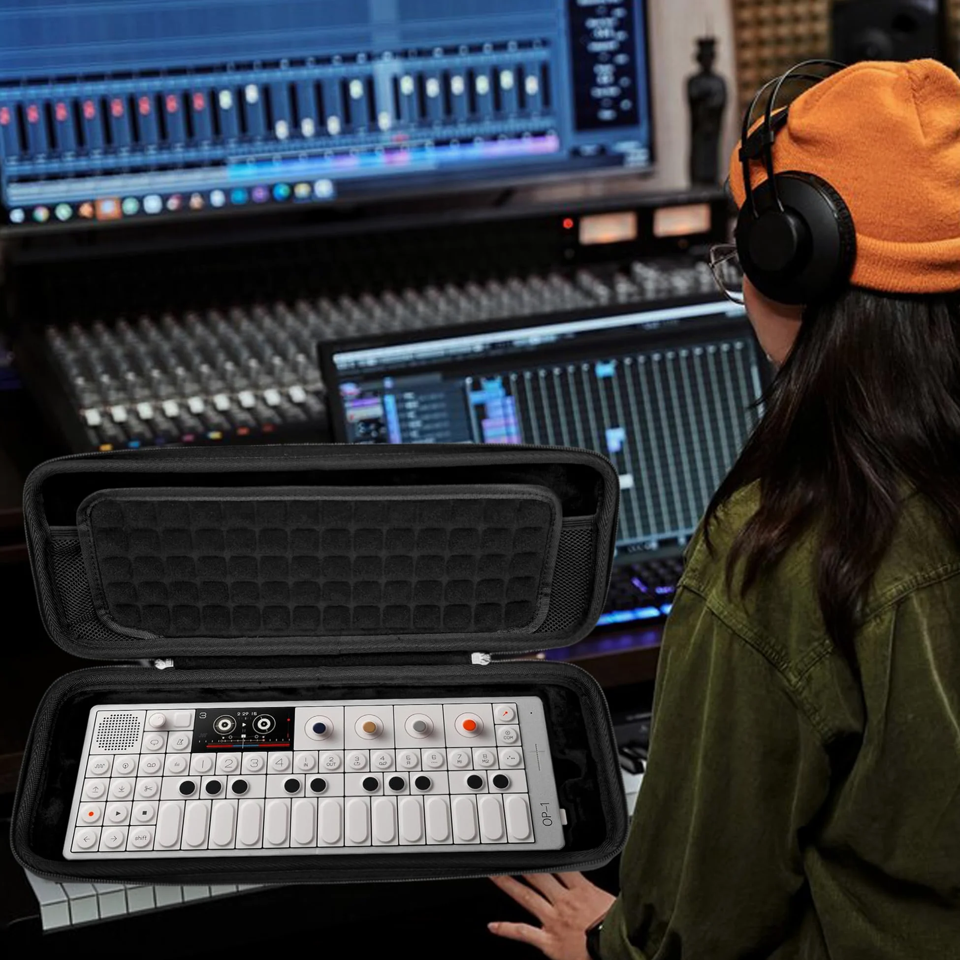 Musiin Custodia per sintetizzatore audio compatibile con Teenage Engineering OP-1 Field/OP-XY, custodia portatile per attrezzatura musicale con tasca superiore in rete e struttura scanalata per un