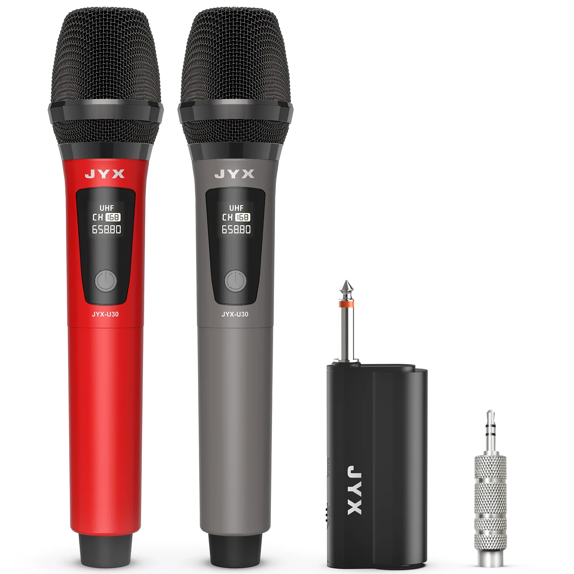 Microfoni wireless, microfono dinamico portatile wireless dual UHF con ricevitore spina da 1/4 pollici, (gamma 150 piedi), connessione automatica, microfoni karaoke ricaricabili in metallo