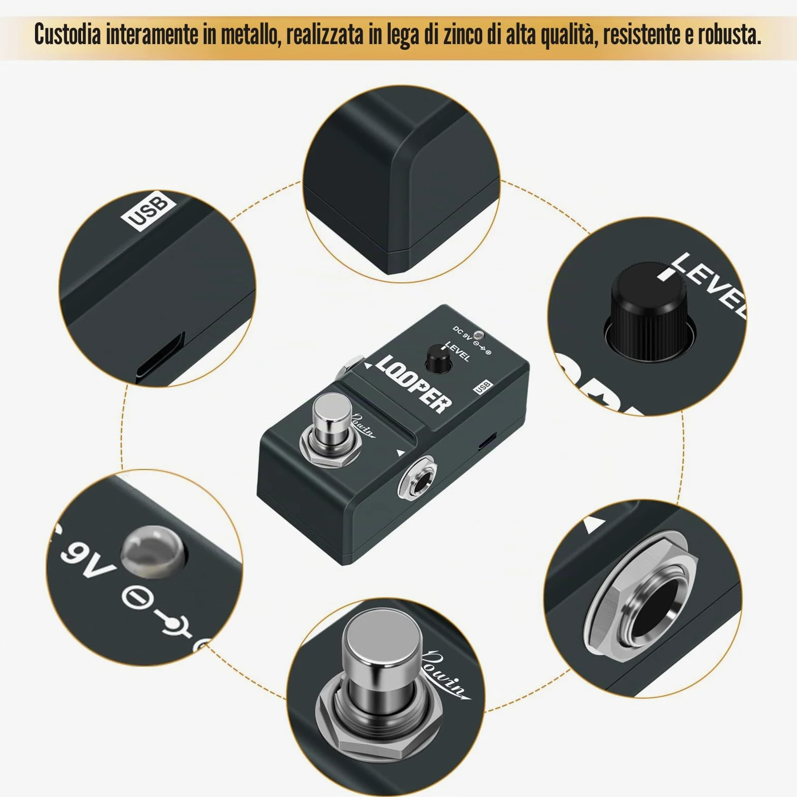 Rowin Tiny Looper LN-332 - Pedale per chitarra, con cavo USB, 10 minuti di registrazione, Loop Station, sovraincisioni Illimitate, per Chitarra Elettrica e Basso