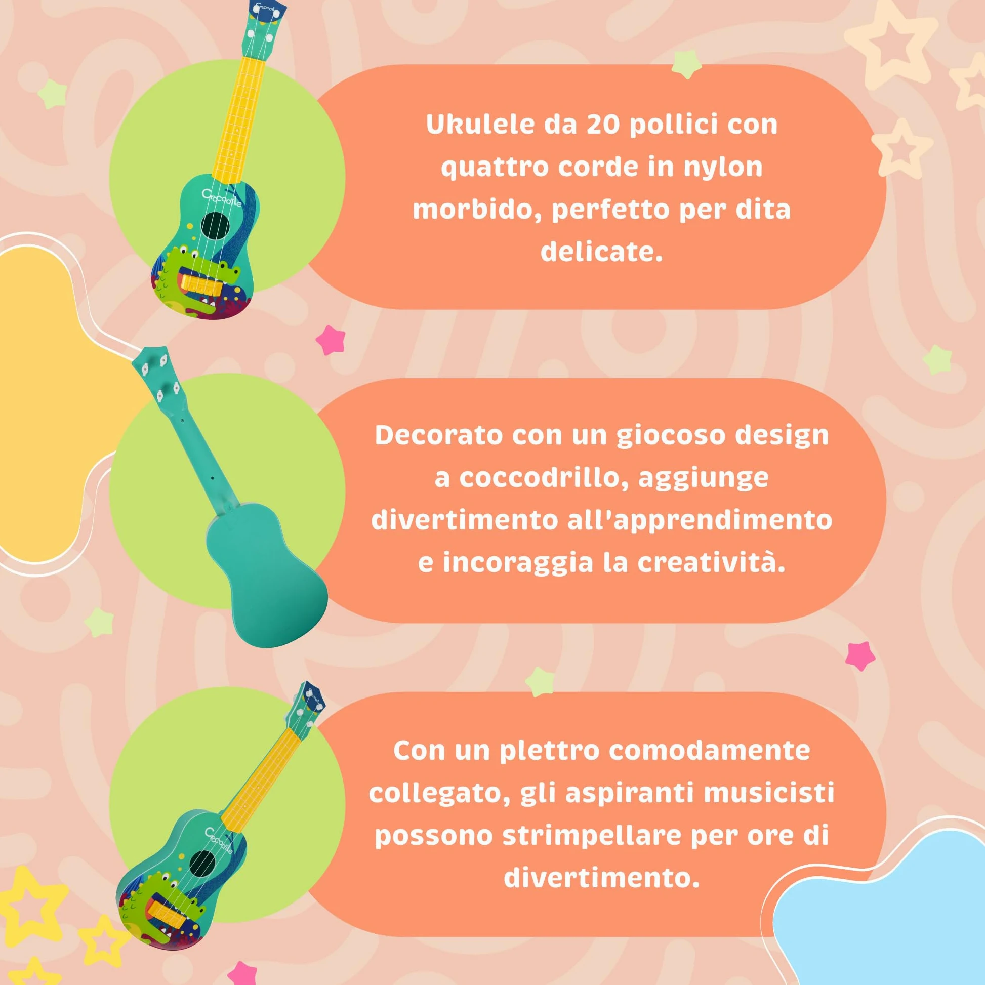 A-Star Little Star Crocodile Ukulele Giocattolo Musicale Divertente per Bambini - Corde in Nylon