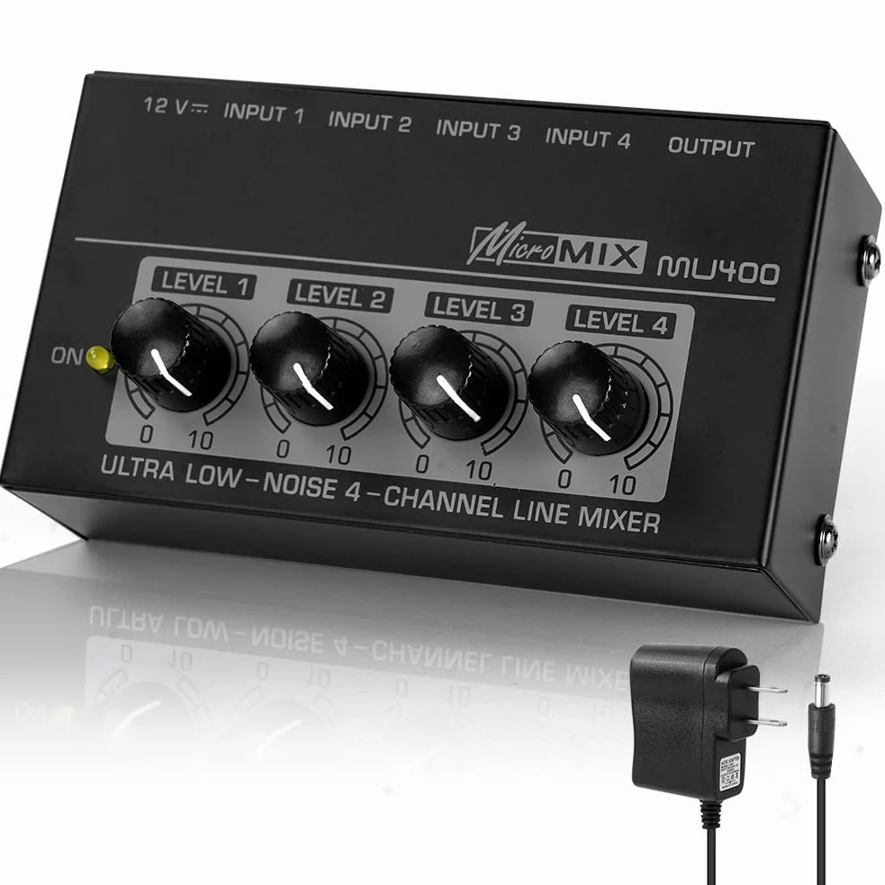 OFFCUP Mixer Audio, 4 Canali Mini Mixer Audio, Audio Mixer Portatile 4in1out, Mixer Basso Rumore per Microfoni Chitarre Bassi Tastiere e Mixer di Palco -Nero