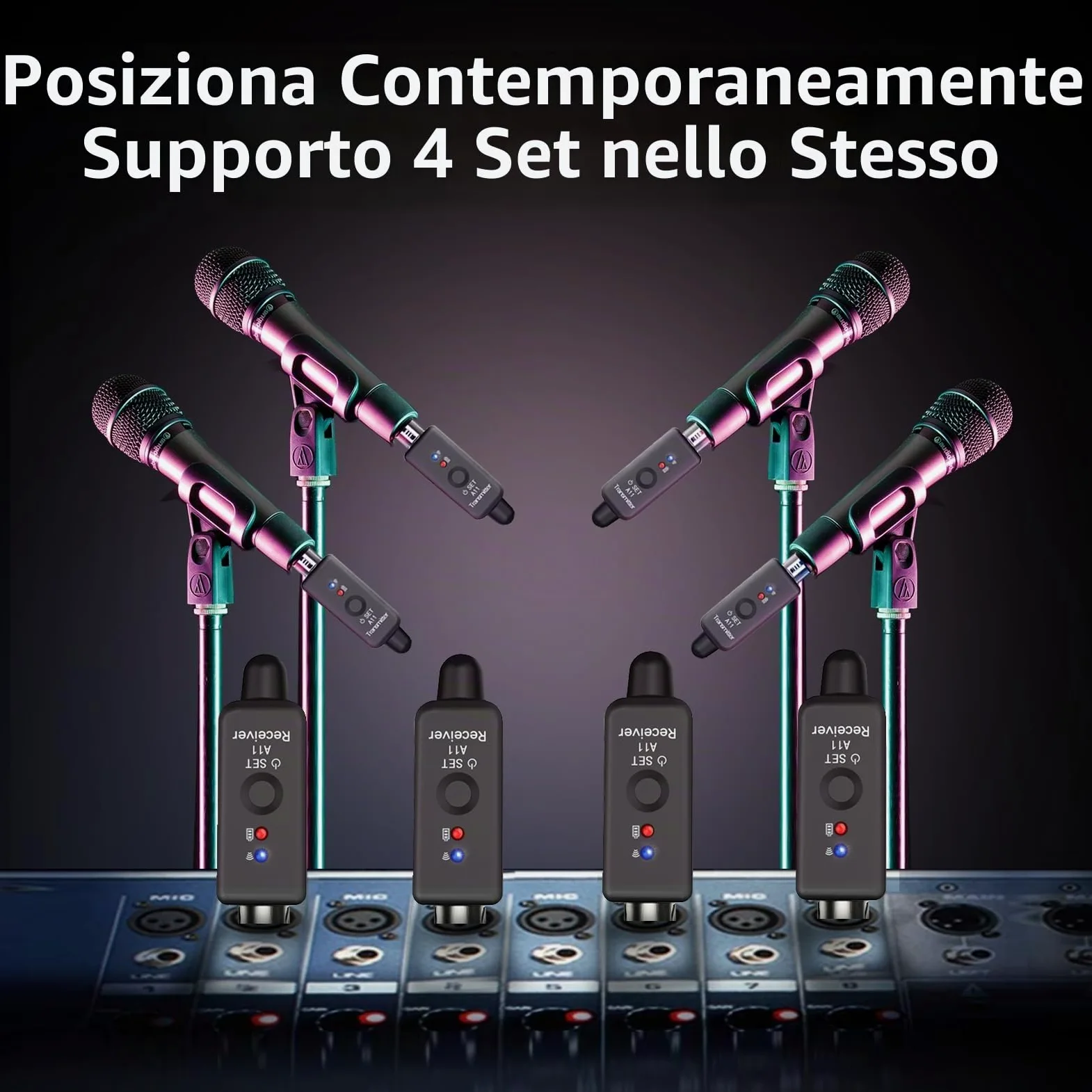 A11 2,4GHz Sistema Microfonico Senza Fili – Trasmettitore & Ricevitore con 4 Canali, Adattatore XLR Plug-on, Adatto per Microfoni Dinamici/a Condensatore, Mixer Audio (1TX + 1RX)