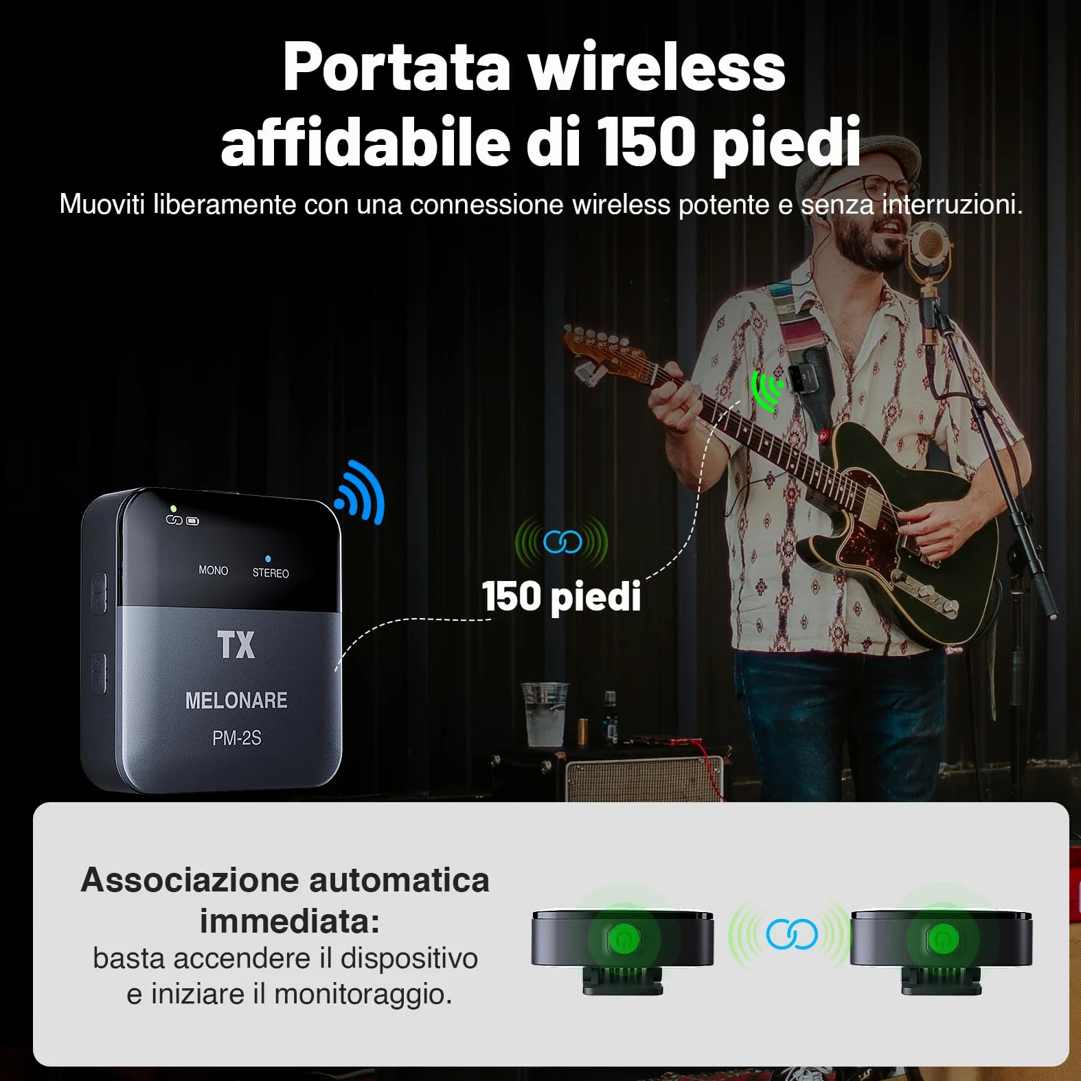 MELONARE PM-2S Sistema di monitoraggio wireless portatile in ear, interruttore mono/stereo, trasmettitore e ricevitore wireless, audio 24bit/48kHz, ingresso OTG, IEM per spettacoli dal vivo