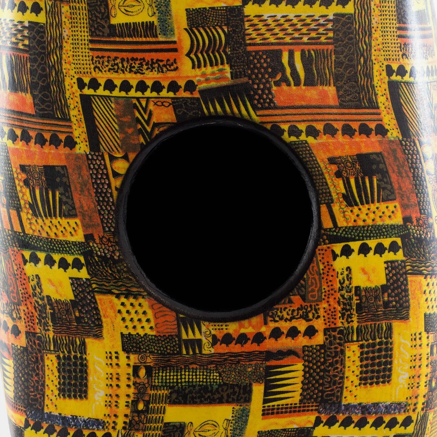 CAJ3-DK Tamburo Cajon con Superfice Rifinita in Stile Zebrano, Design Tribale Giallo e Arancione
