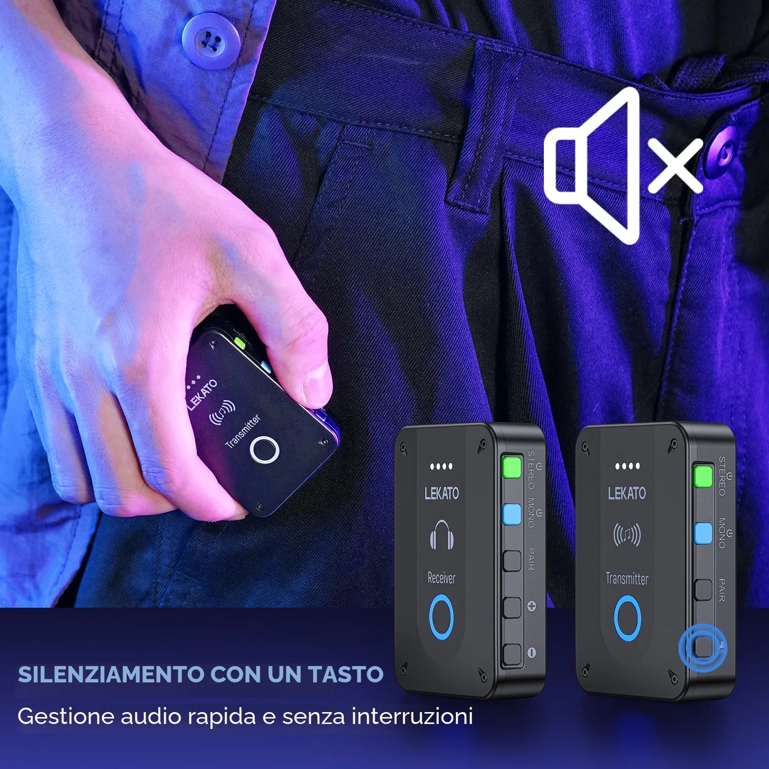 LEKATO MS-02 In-Ear Monitor, sistema di monitoraggio in-ear wireless stereo/mono 2.4G, sistema IEM wireless personale professionale per prove di band, esibizioni dal vivo e amplificatore per chitarra