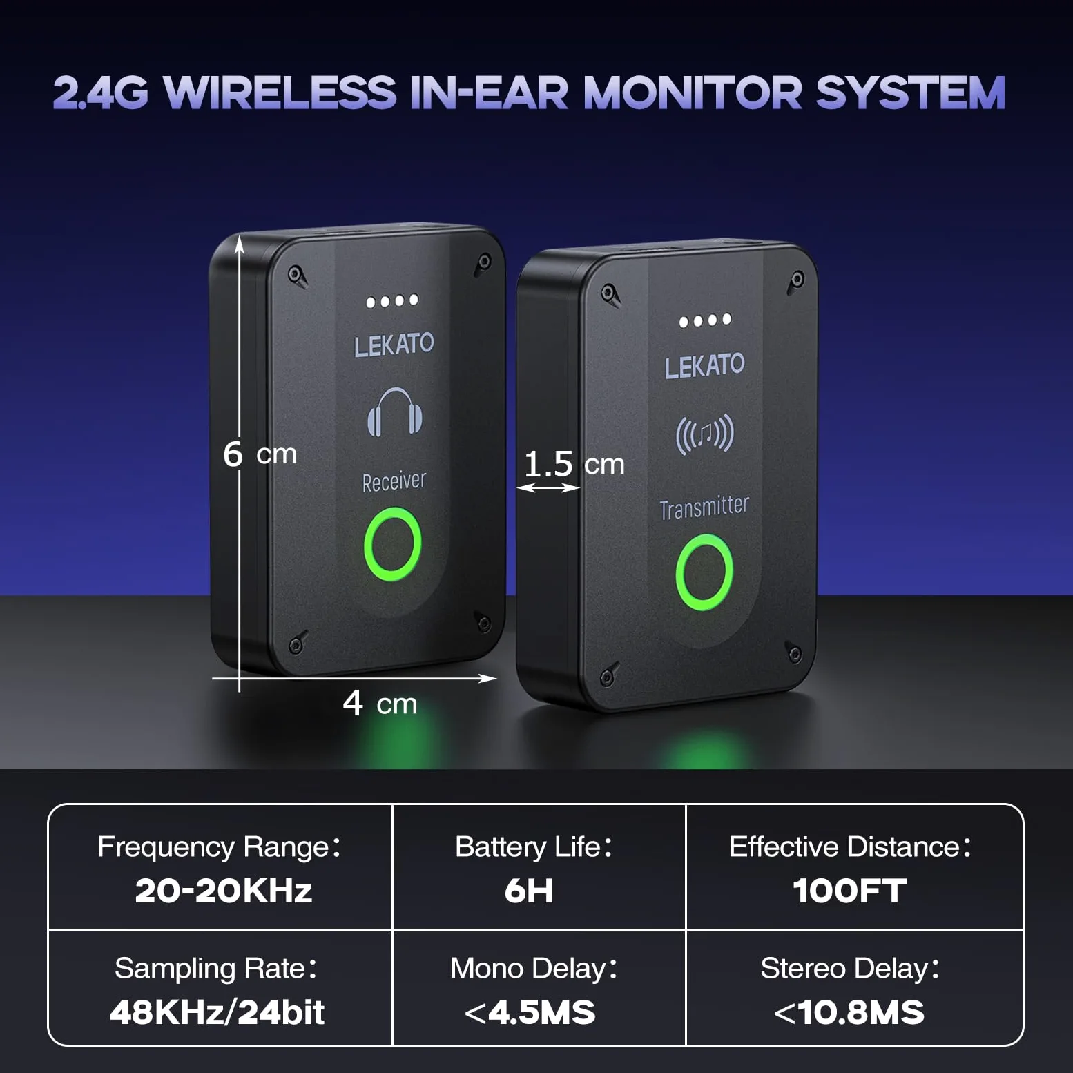 LEKATO MS-02 In-Ear Monitor, sistema di monitoraggio in-ear wireless stereo/mono 2.4G, sistema IEM wireless personale professionale per prove di band, esibizioni dal vivo e amplificatore per chitarra