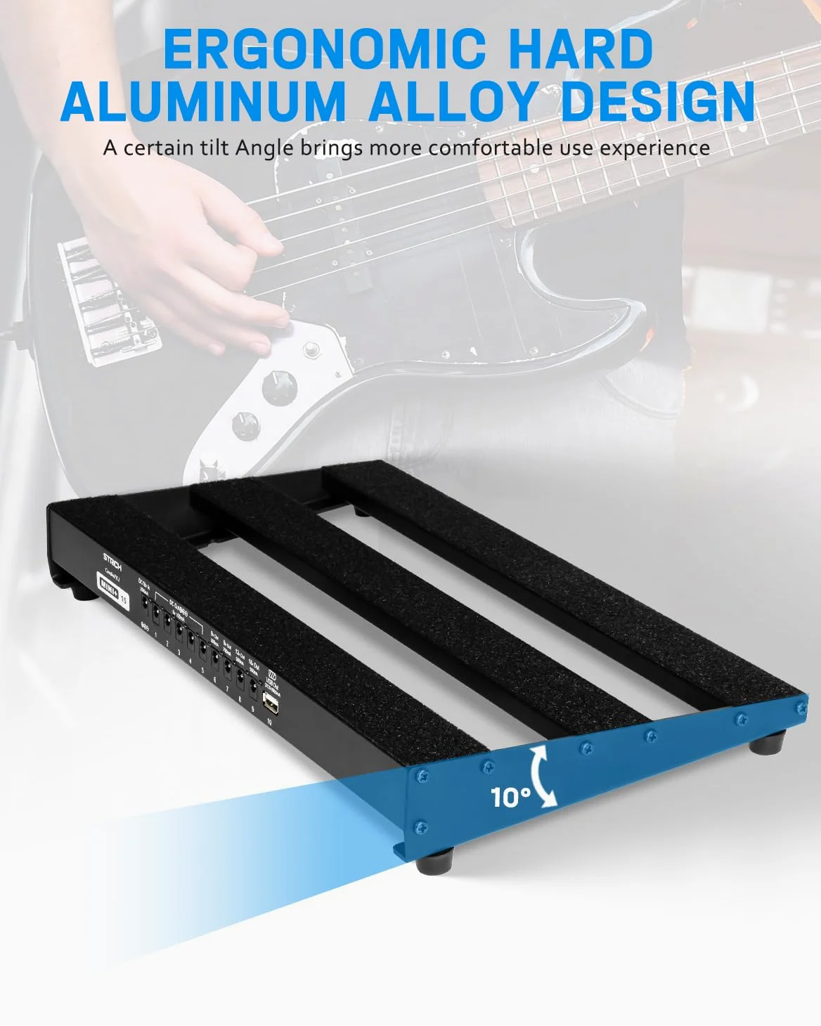 STRICH Pedaliera per chitarra con alimentatore integrato, pedaliera 38,1 x 19,8 cm, in lega di alluminio leggera, pedaliera con cavi per pedali, borsa, strisce a strappo PB-MP15