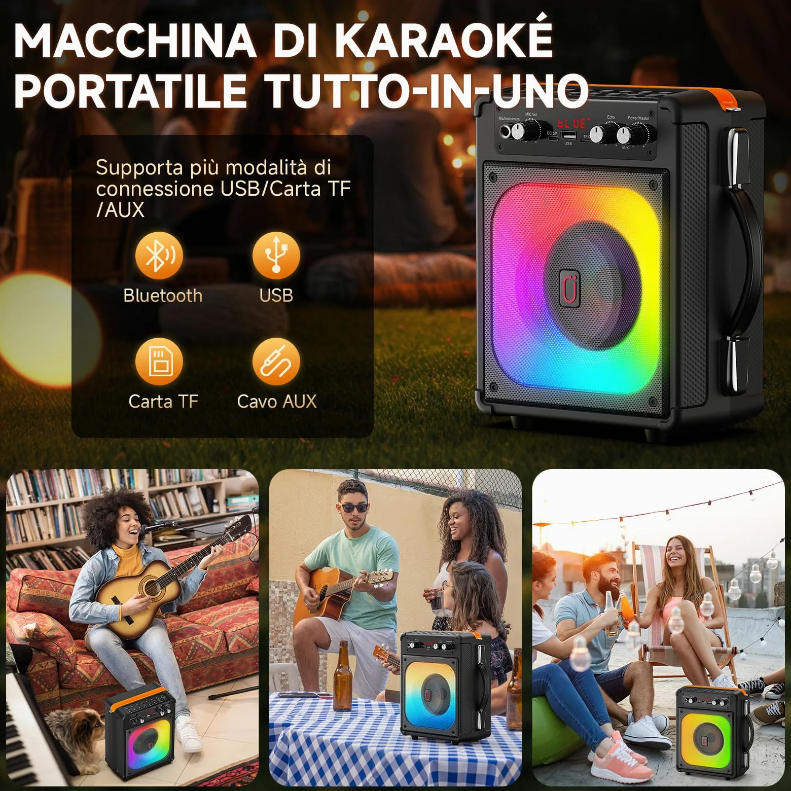 HWWR Karaoke con 2 Microfono, 60W Cassa Bluetooth 5.3 Subwoofer da 6,5, 12 Ore Riproduzione, Karaoke Portatile per Adulti/Bambini con Effetti Luce LED, Festa/Casa/Compleanno