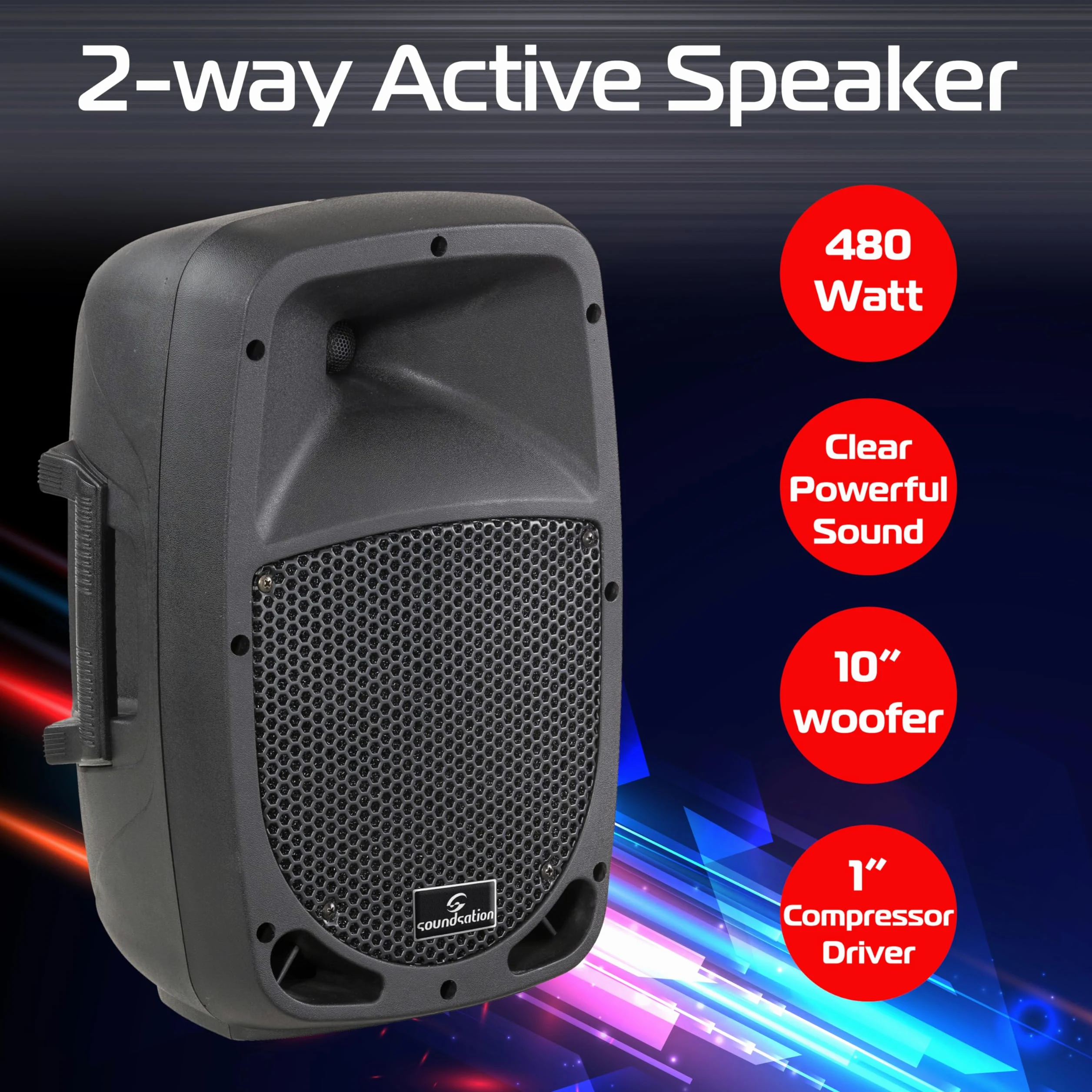 SOUNDSATION GO-SOUND 10A 480W 10" altoparlante attivo in polipropilene a 2 vie, amplificatore classe AB, ingressi Mic/Line, ideale per feste, presentazioni e musica dal vivo