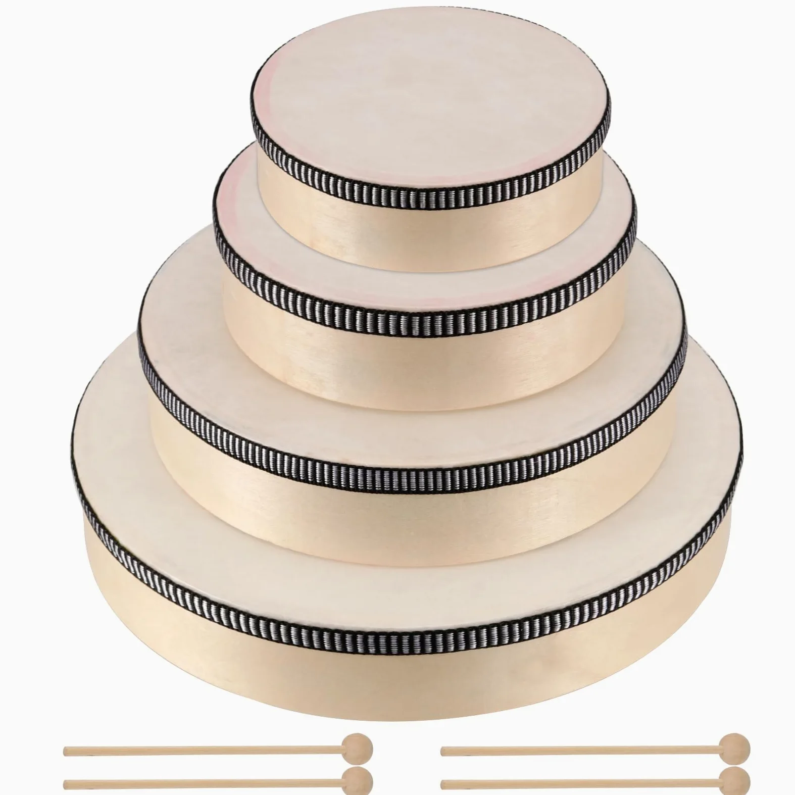 Confezione da 4 tamburi a mano, 4 misure con 4 bacchette per apprendimento del ritmo, spettacoli musicali, feste e appassionati di percussioni, 15,2 cm, 17,8 cm, 20,3 cm, 25,4 cm