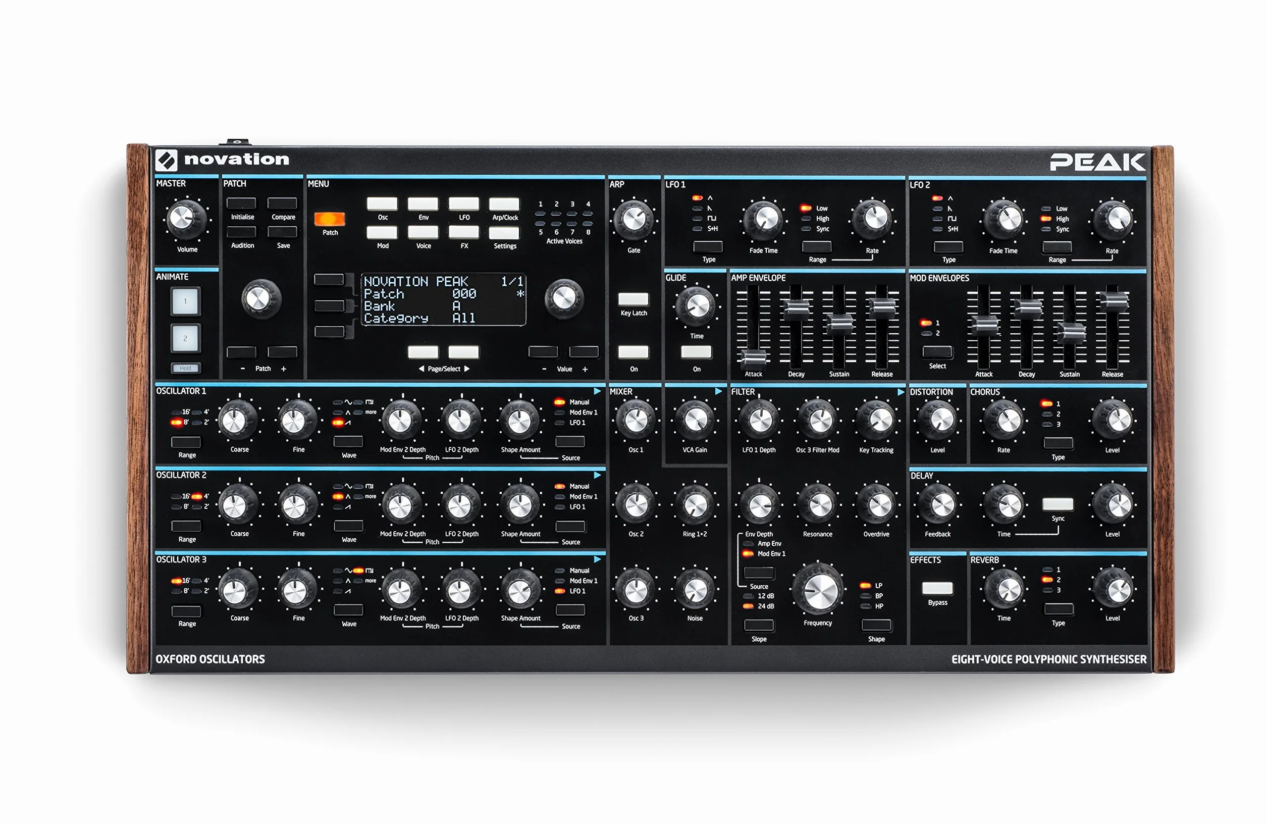 Peak di Novation, sintetizzatore polifonico senza tastiera ad otto voci con due LFO per voce, matrice di modulazione a 16 posizioni, tre punti di distorsione analogica ed effetti digitali.