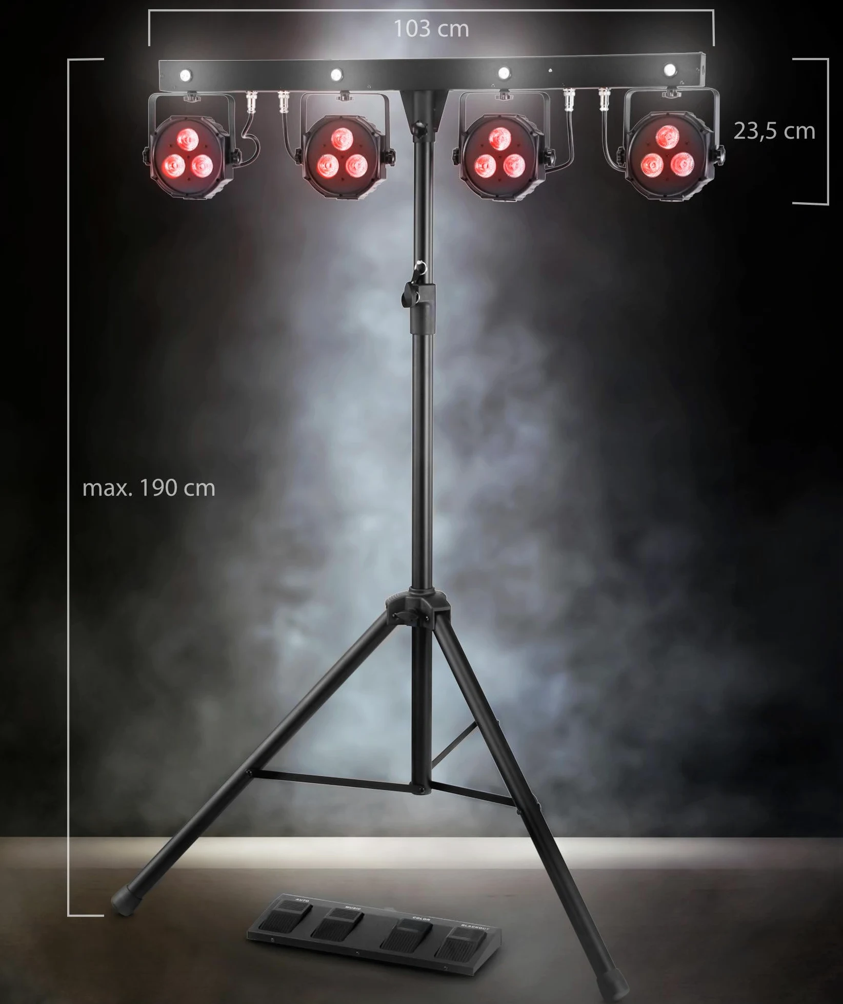 Showlite LB-4390 Sistema Completo LED RGB, con Pedale Wireless (Tri-LED PAR Spots, Strobe Spot bianchi, DMX512, Pedale Wireless, Display LCD, Microfono, T-Bar, Statore, Borse)