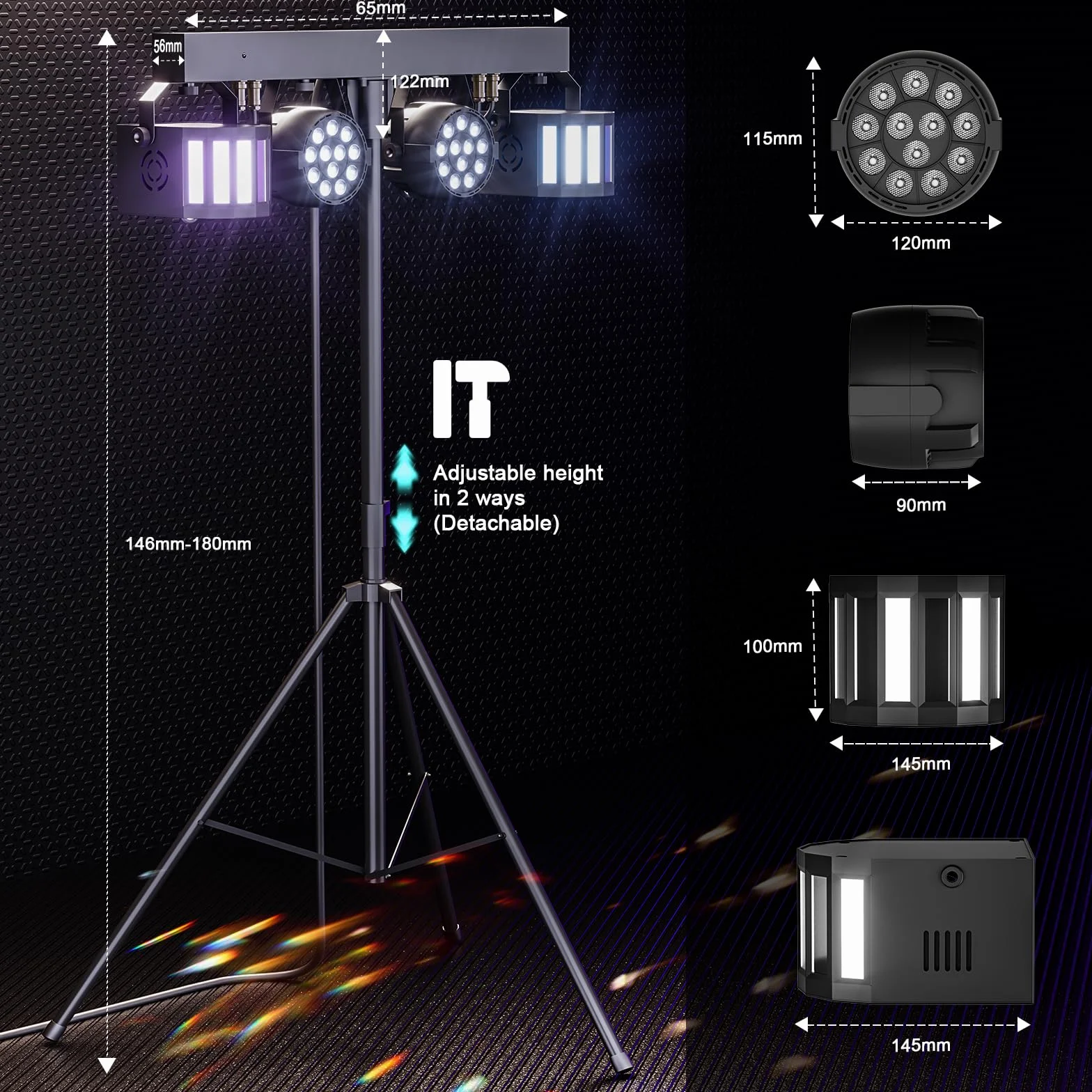60 W Derby + RGBW LED Par luce DJ con supporto e telecomando, illuminazione da palco con DMX-3/6/15 canali luci discoteca per dj, feste, chiese, concerti, matrimoni, Natale (con borsa)