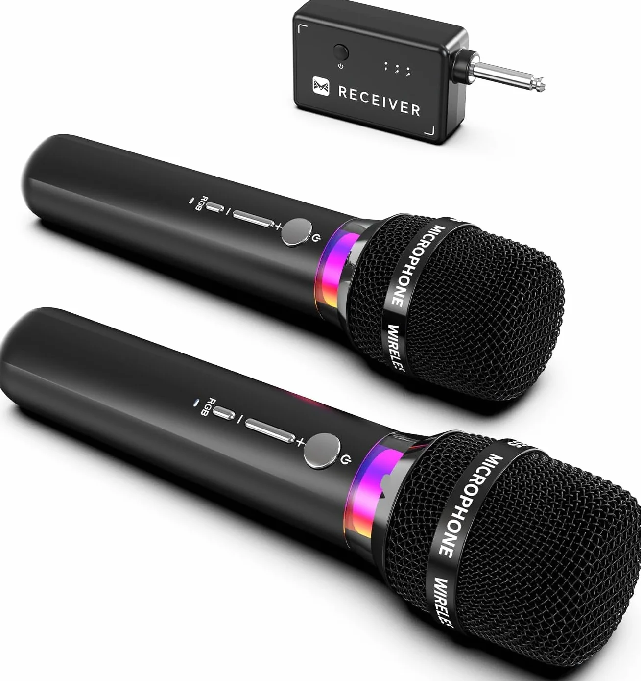 Microfono Wireless, Microfoni Wireless Ricaricabili Doppi Con Connessione Chip Uno a Uno e Luci LED, Durata 40 Ore, Portata di Ricezione 200 Piedi, Microfono Karaoke a Latenza Ridotta per Cantare
