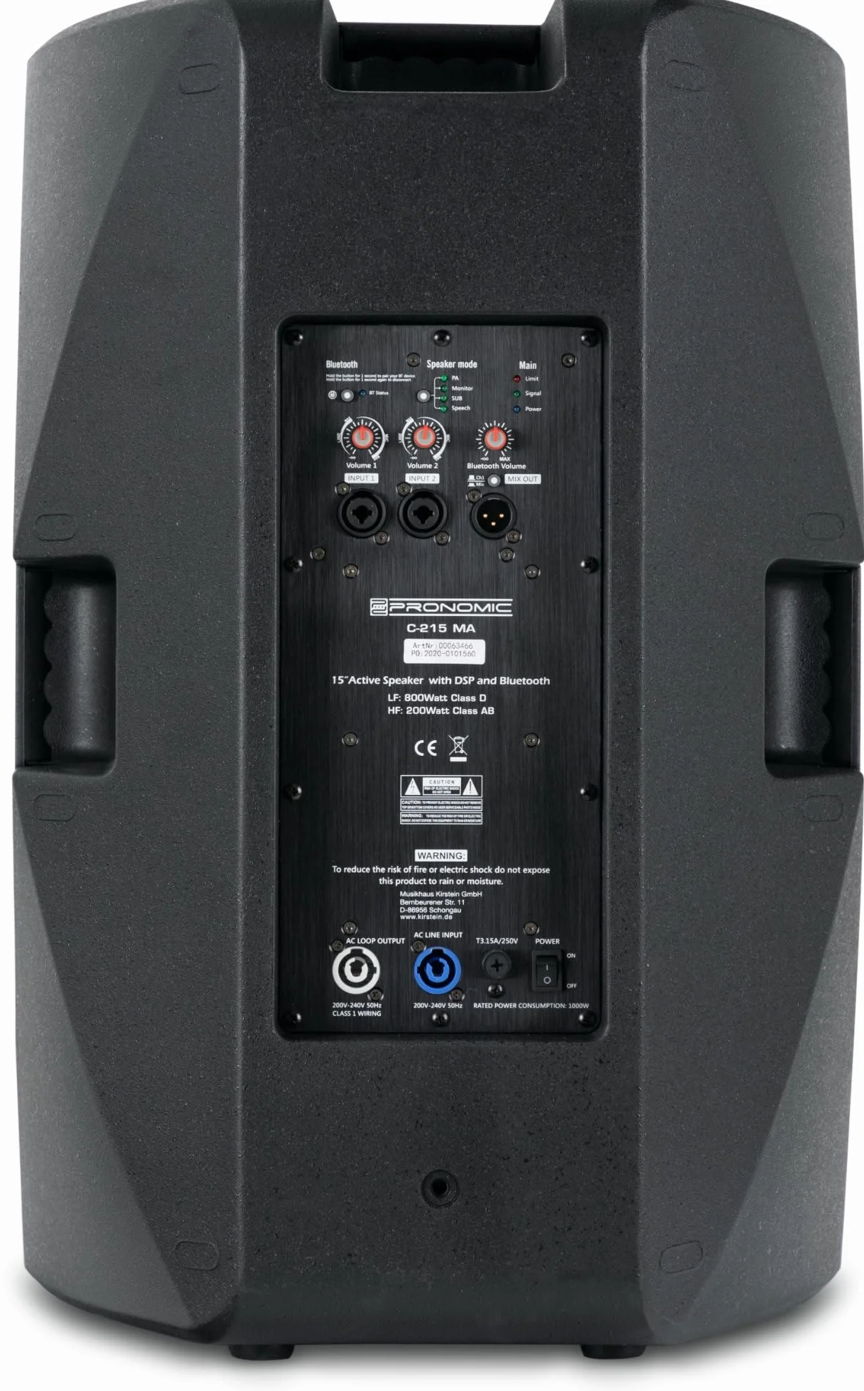 Pronomic C-215 MA - 2x Diffusore attivo a 2 vie con 2 canali - Potenza: 1000 watt - Woofer da 15" + tweeter in titanio da 1,75" - Ricevitore Bluetooth - Alloggiamento pendenza del monitor