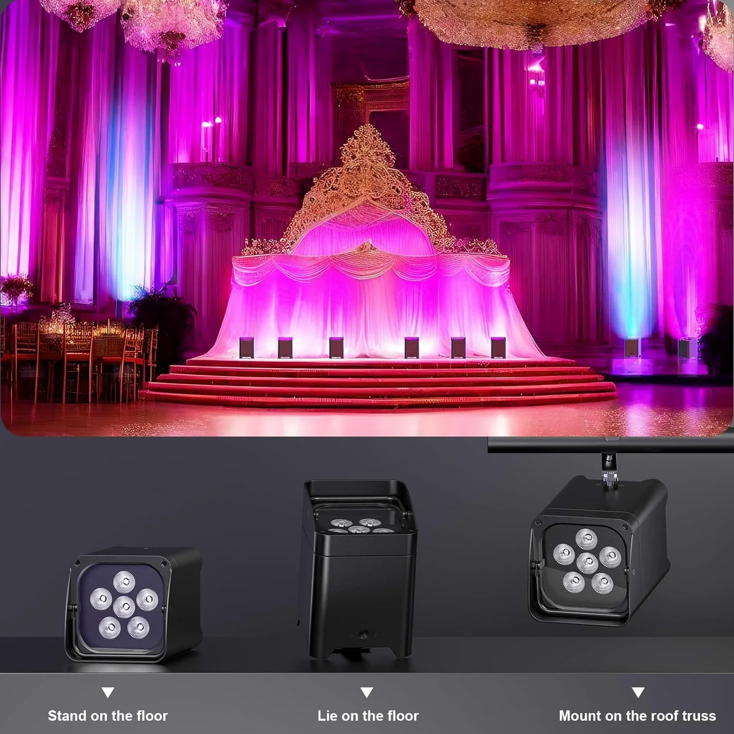 Proiettore PAR LED 108 W, 6 pezzi con flightcase RGBWA + UV, batteria ricaricabile 9600 mAh, telecomando/applicazione/WiFi/DMX, ideale per feste, DJ, Natale, bar, compleanni