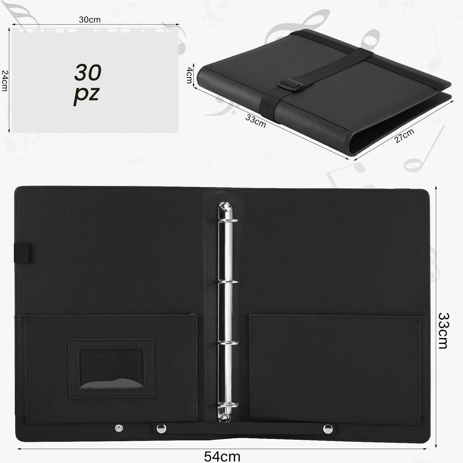 Cartella musicale, cartella per spartiti A4 con cinturino da polso e 30 tasche per coro, recital di pianoforte, in similpelle nera