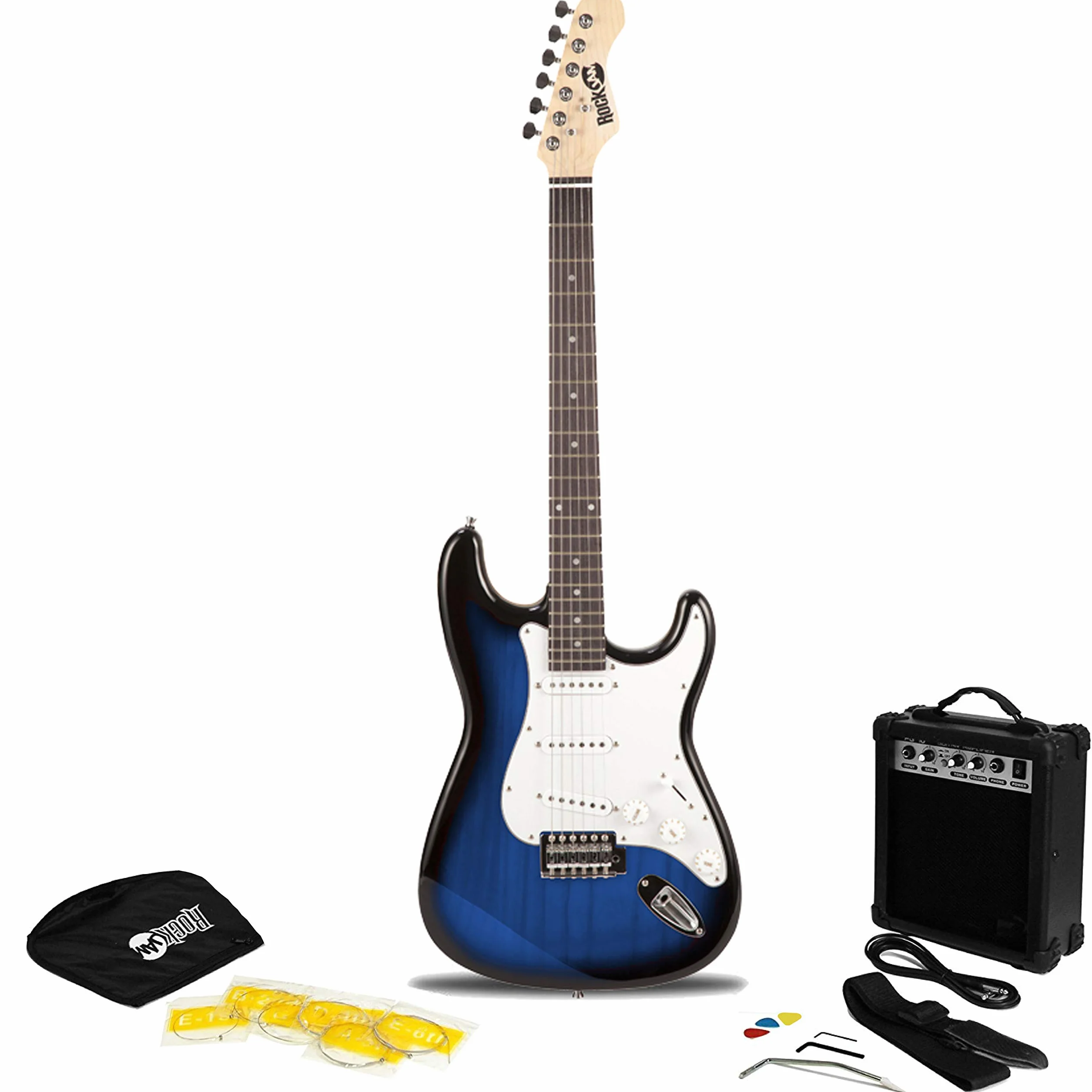 Kit per chitarra elettrica a grandezza naturale di Rockjam con amplificatore per chitarra da 10 watt, lezioni, cinturino, sacchetto del gig, sceglie, whammy, piombo e corde di scorta - Blueburst