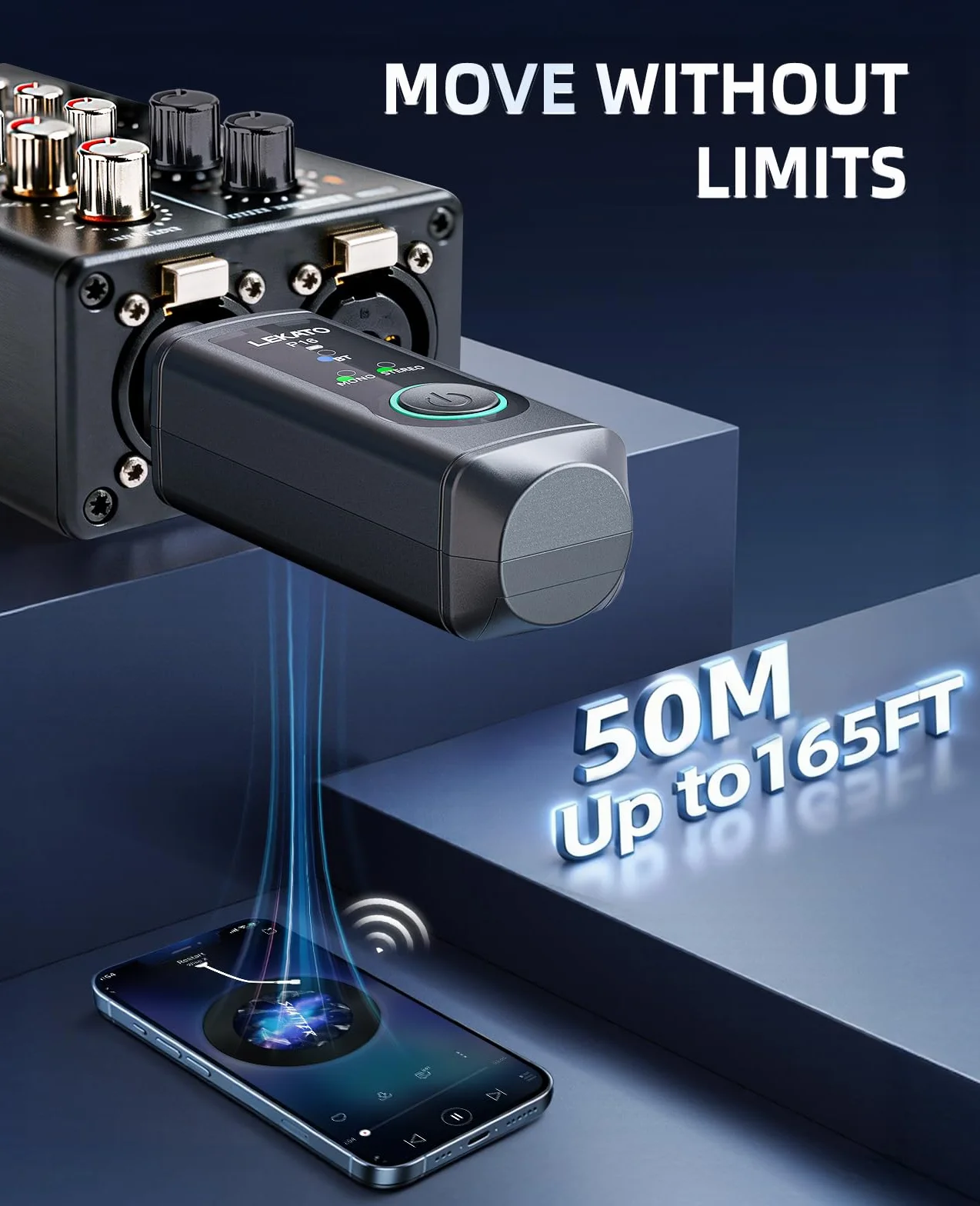 LEKATO P16 Ricevitore Bluetooth XLR, Audio Mono/Stereo, Autonomia 15 Ore, Bluetooth 5.3, 48kHz/24bit, Portata 50 m, per Mixer, DJ e Sistemi PA