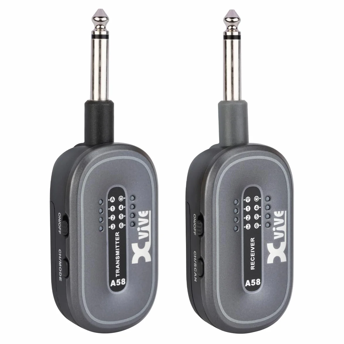 XVIVE A58 - Sistema Wireless Digitale per Chitarra Elettrica Acustica e Basso, Trasmissione in Banda 5,8Ghz - Fino a 5 Ore di Autonomia, Custodia e Doppio Cavo USB per Ricarica Inclusi, Jack Snodati