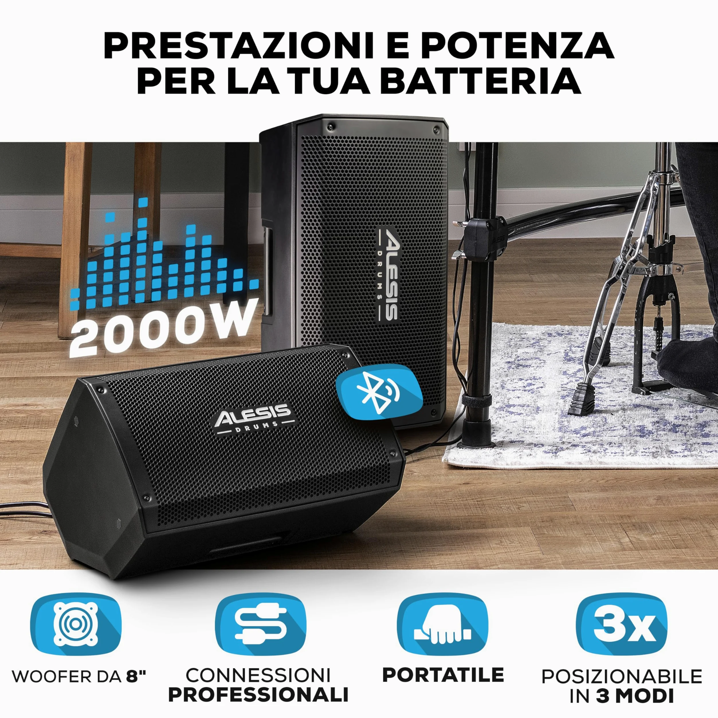 Alesis Strike Amp 8 MK2 - Amplificatore da 2000 W per batteria elettronica con Bluetooth, woofer da 8", EQ HPF e switch per messa a terra