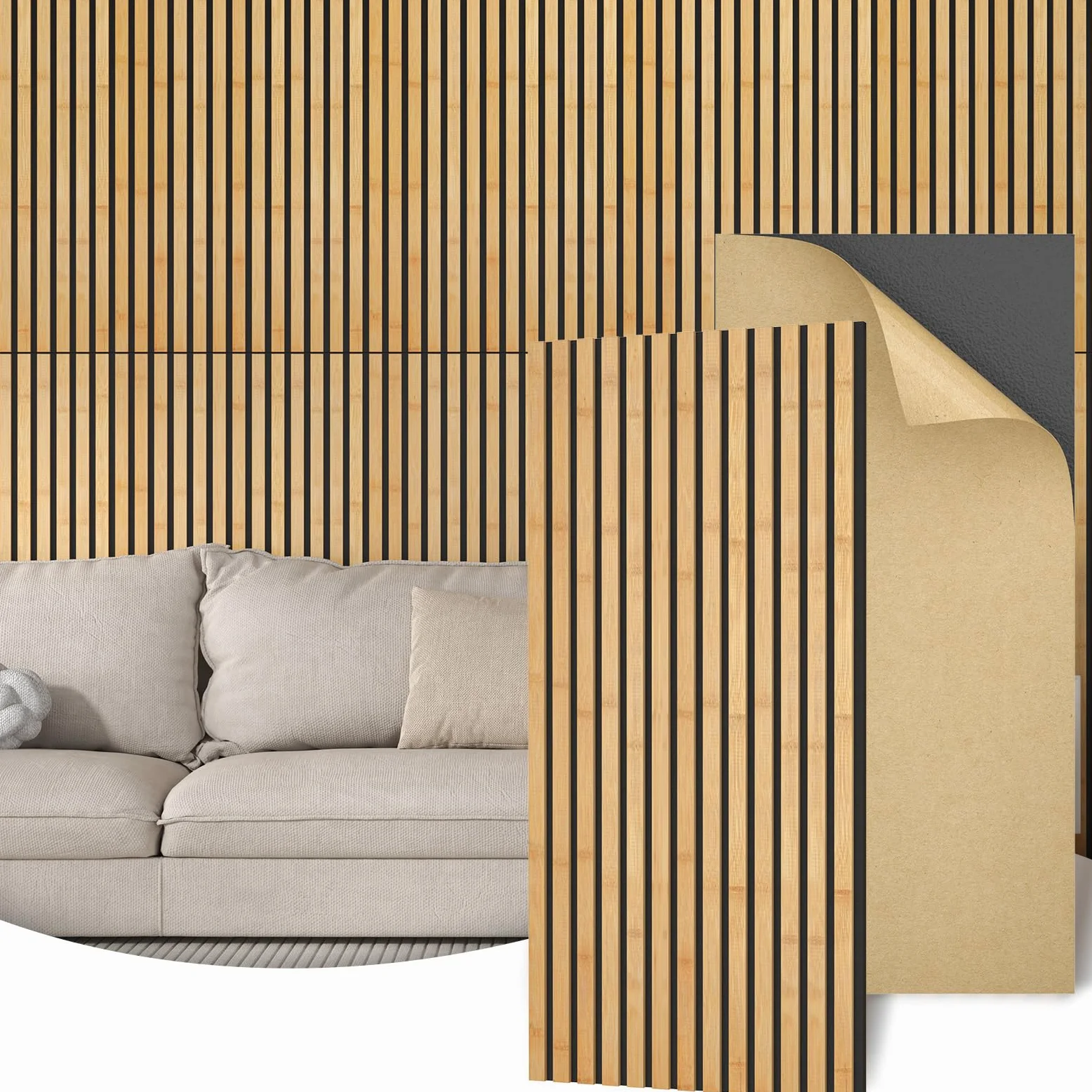 TONOR Set di 4 Pannelli Fonoassorbenti in Bambù Per Pareti, 110 x 52 x 1,7 cm Pannelli Acustici a Doghe Con Adesivo Completo, Pannello Insonorizzante per Parete Tv, Arredamento D'Interni, Casa, Porte