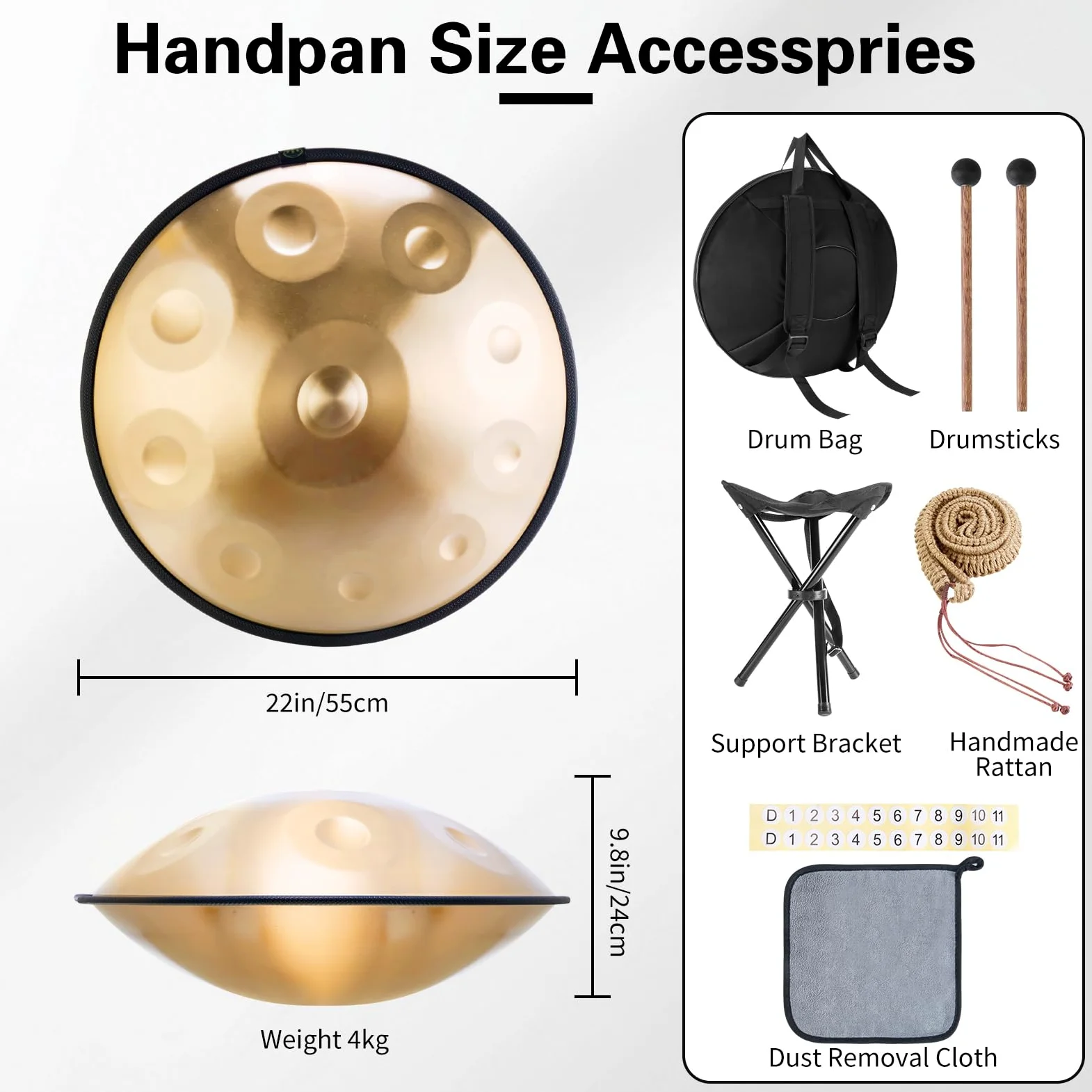 Handpan, strumento da 22 pollici, 10 note, 432 Hz, Hand Pan, Handpan Drum in Re minore, con borsa per tamburo, bacchette, supporto Steel Pan, per principianti, professionisti, musicoterapia