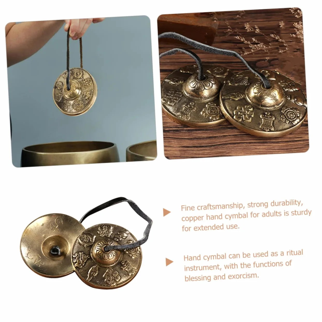 Cimbali in Rame Dorato per Meditazione e Rituali Motivi Vintage di Buon Auspicio, Strumenti Percussivi Etnici per Benedizione ed Esorcismo