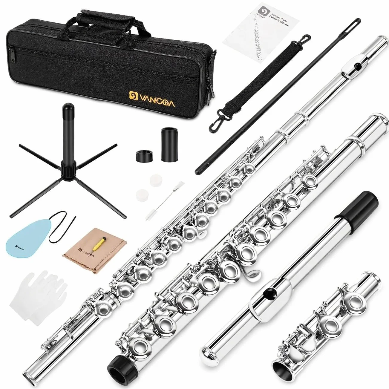 Vangoa Nickel Foro Chiuso 16 Tasti di C Studente Principiante Flauto per bambini Set di Strumenti Musicali con Custodia per il Trasporto Guanti per Supporto Asta di Pulizia e Panno