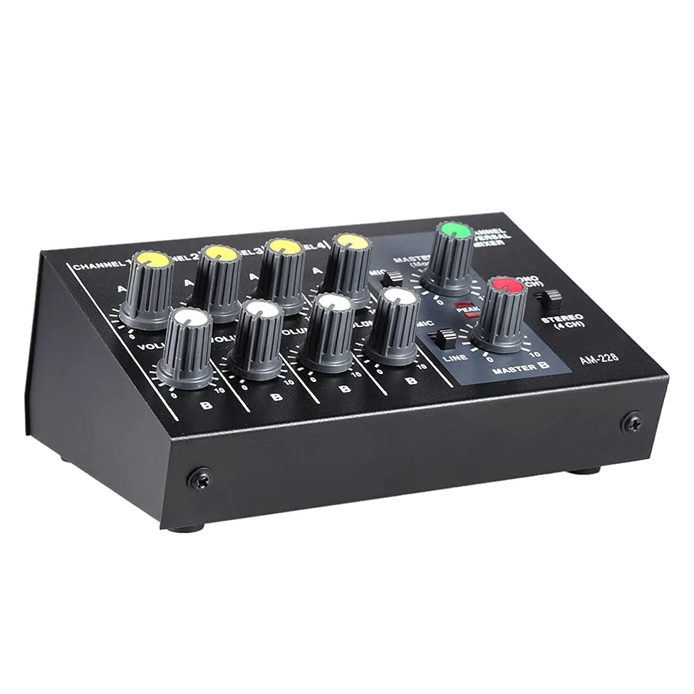 AM-228 Stereo Mixer Audio 8 Canali Ultra-compatta Rumore Basso Metallo Mono con Cavo Adattatore di Alimentazione